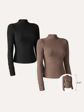 2Pcs Set Brushed Mock Neck Top-Hip Length