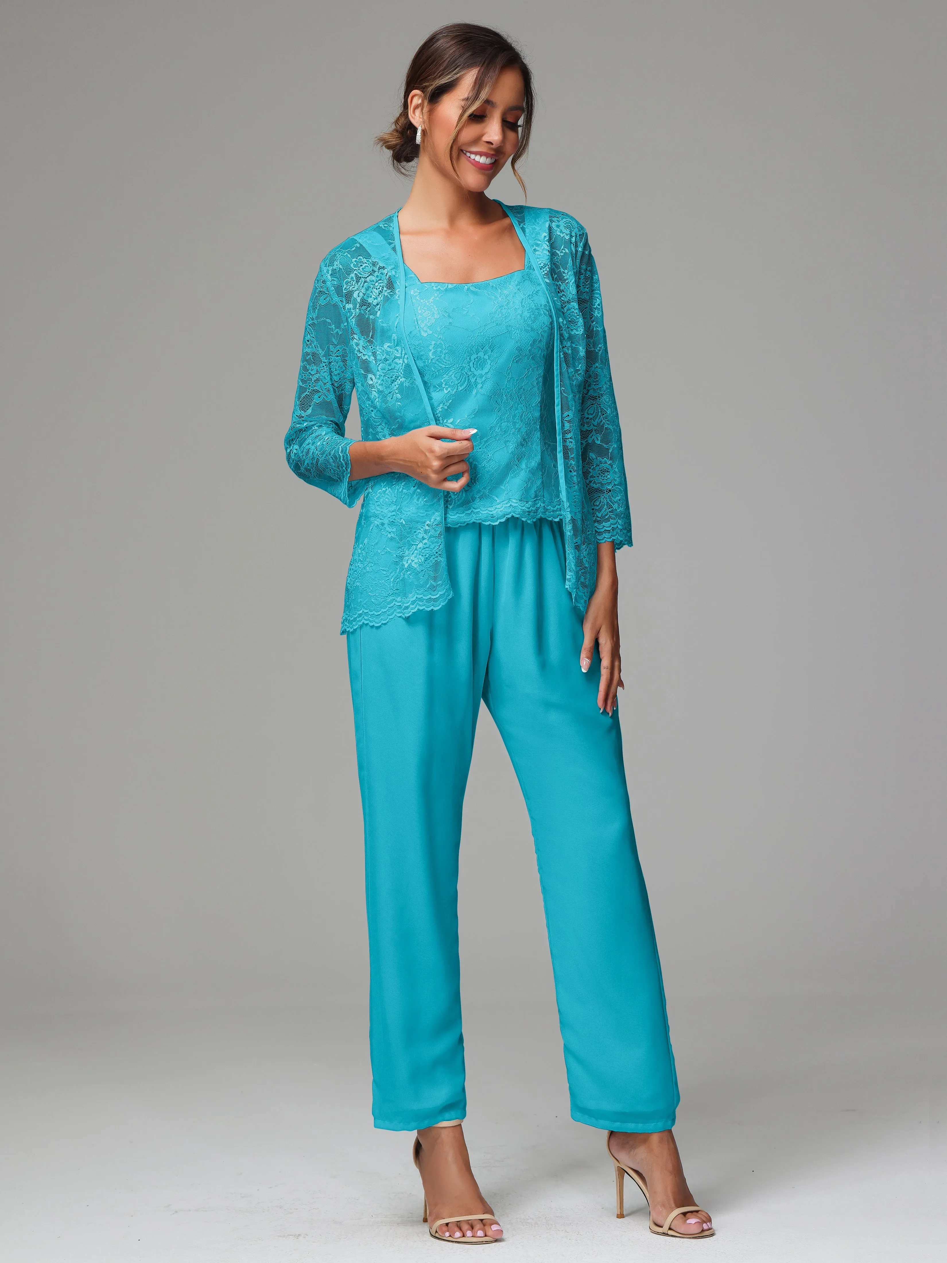 3 Pieces Long Sleeves Chiffon Lace Mother Of The Bride Dress Pants Suits