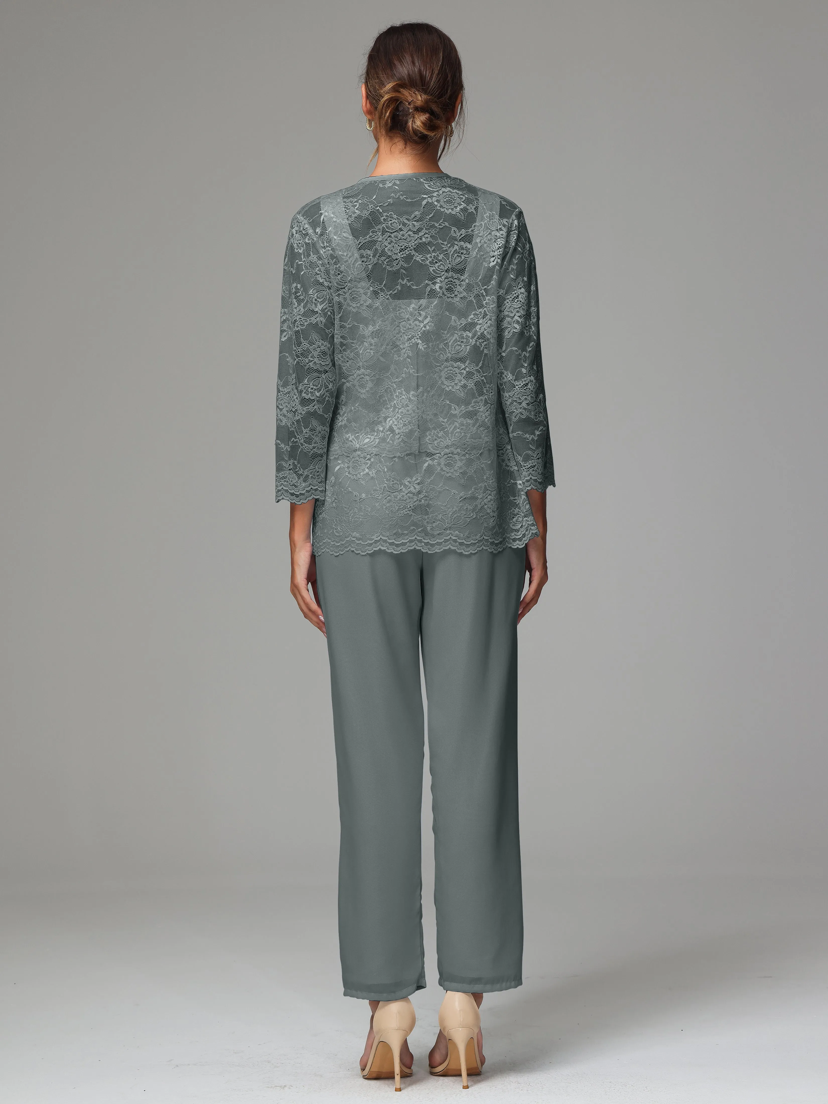 3 Pieces Long Sleeves Chiffon Lace Mother Of The Bride Dress Pants Suits