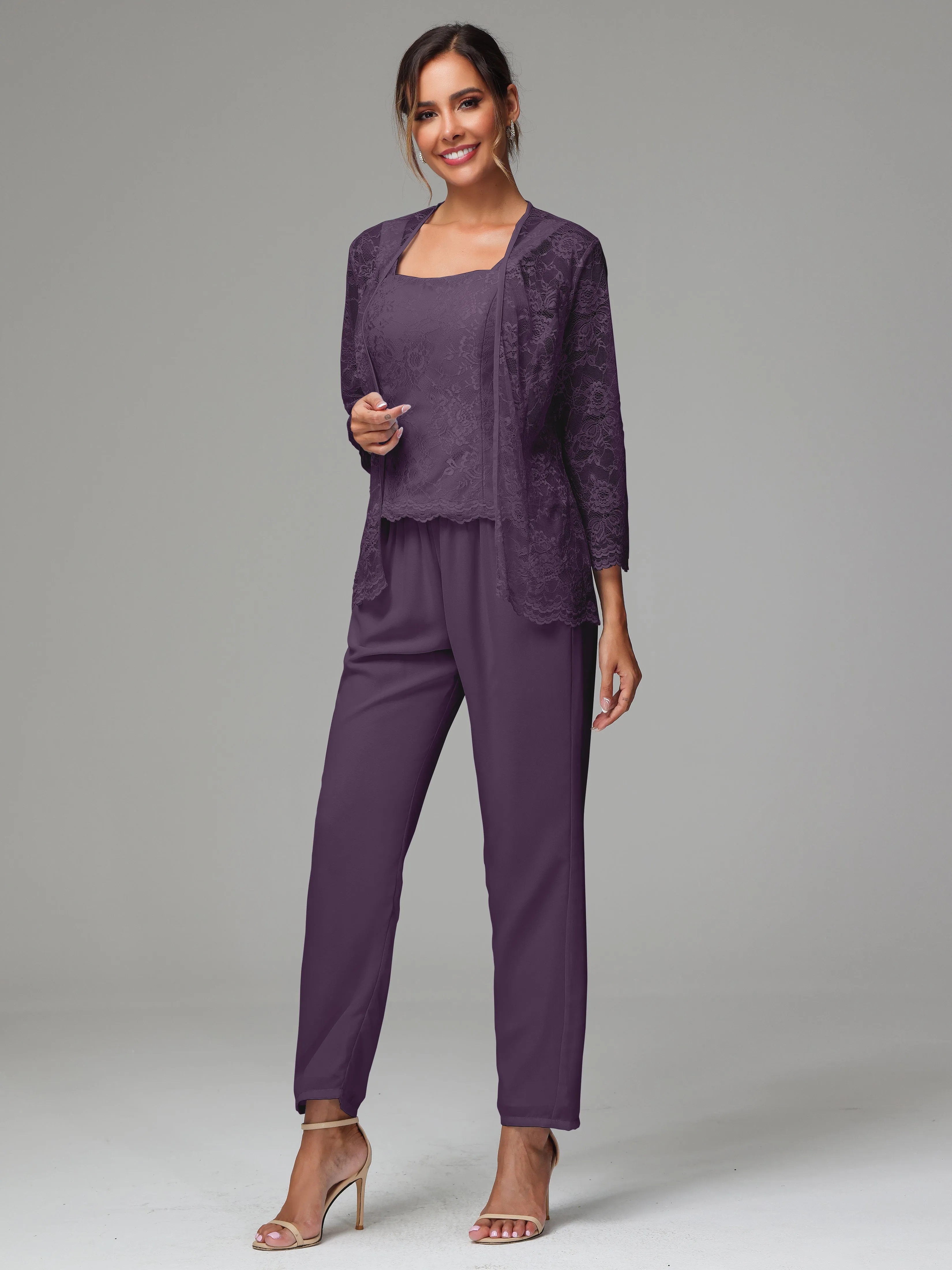 3 Pieces Long Sleeves Chiffon Lace Mother Of The Bride Dress Pants Suits