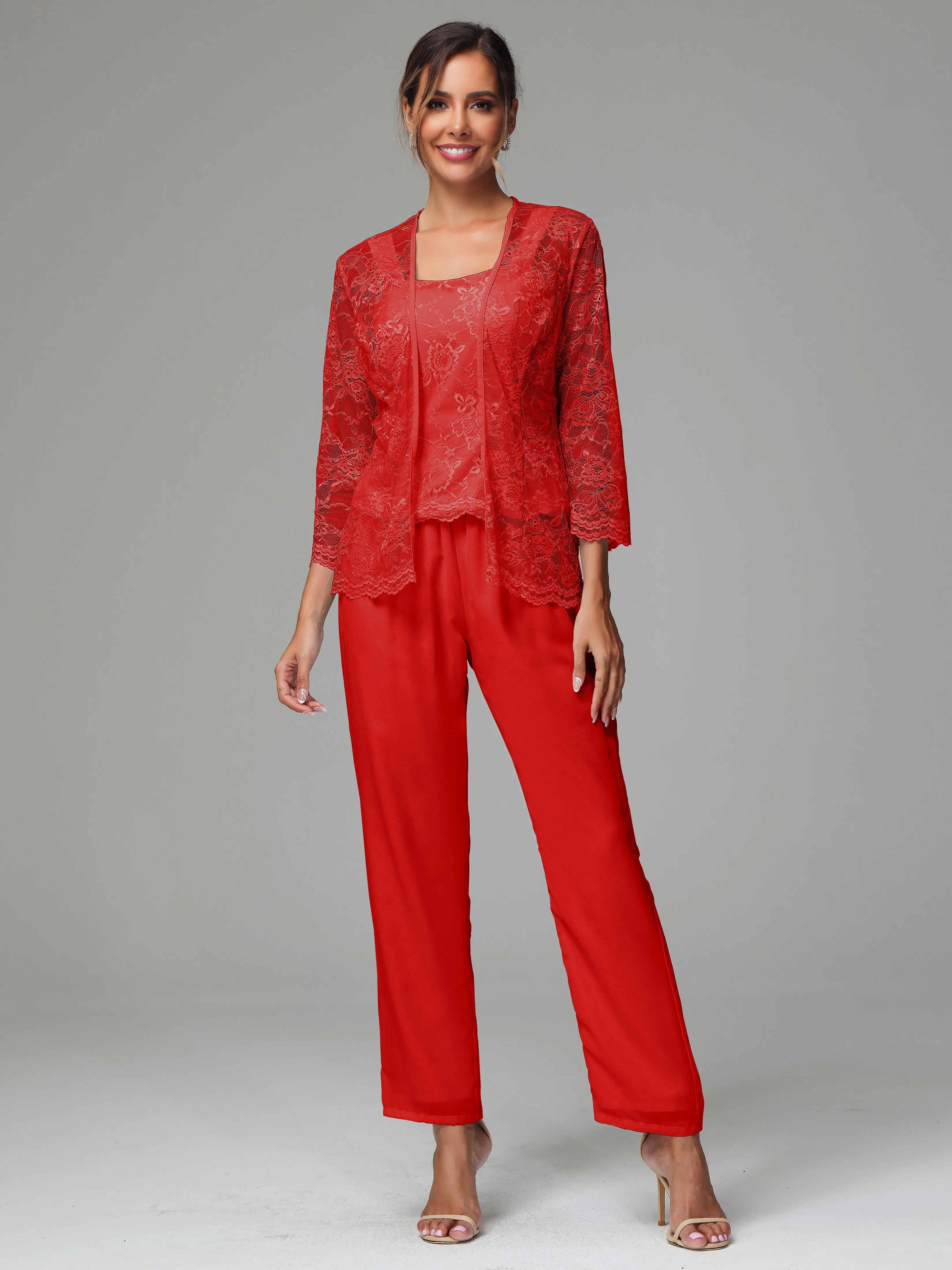 3 Pieces Long Sleeves Chiffon Lace Mother Of The Bride Dress Pants Suits