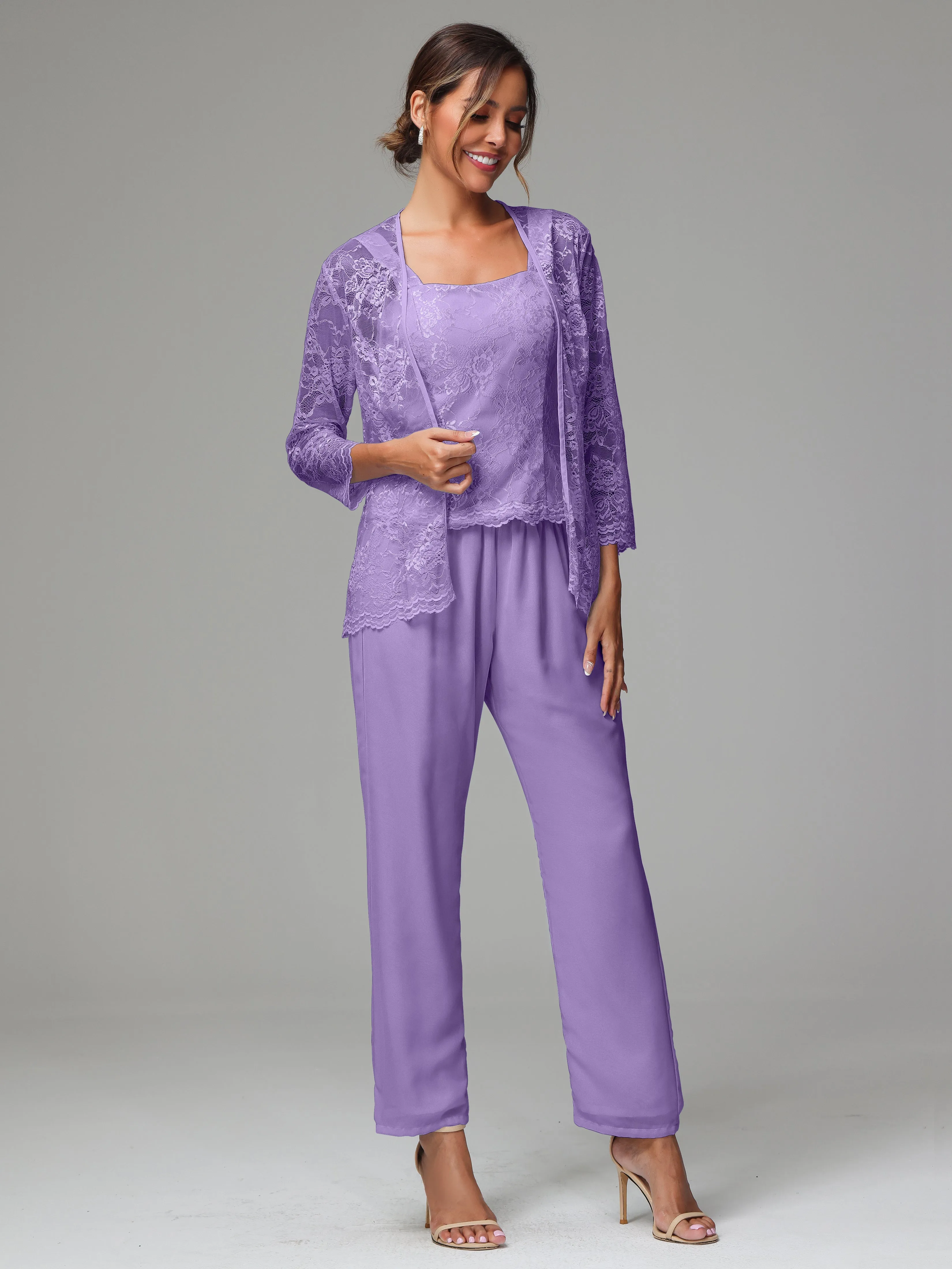 3 Pieces Long Sleeves Chiffon Lace Mother Of The Bride Dress Pants Suits