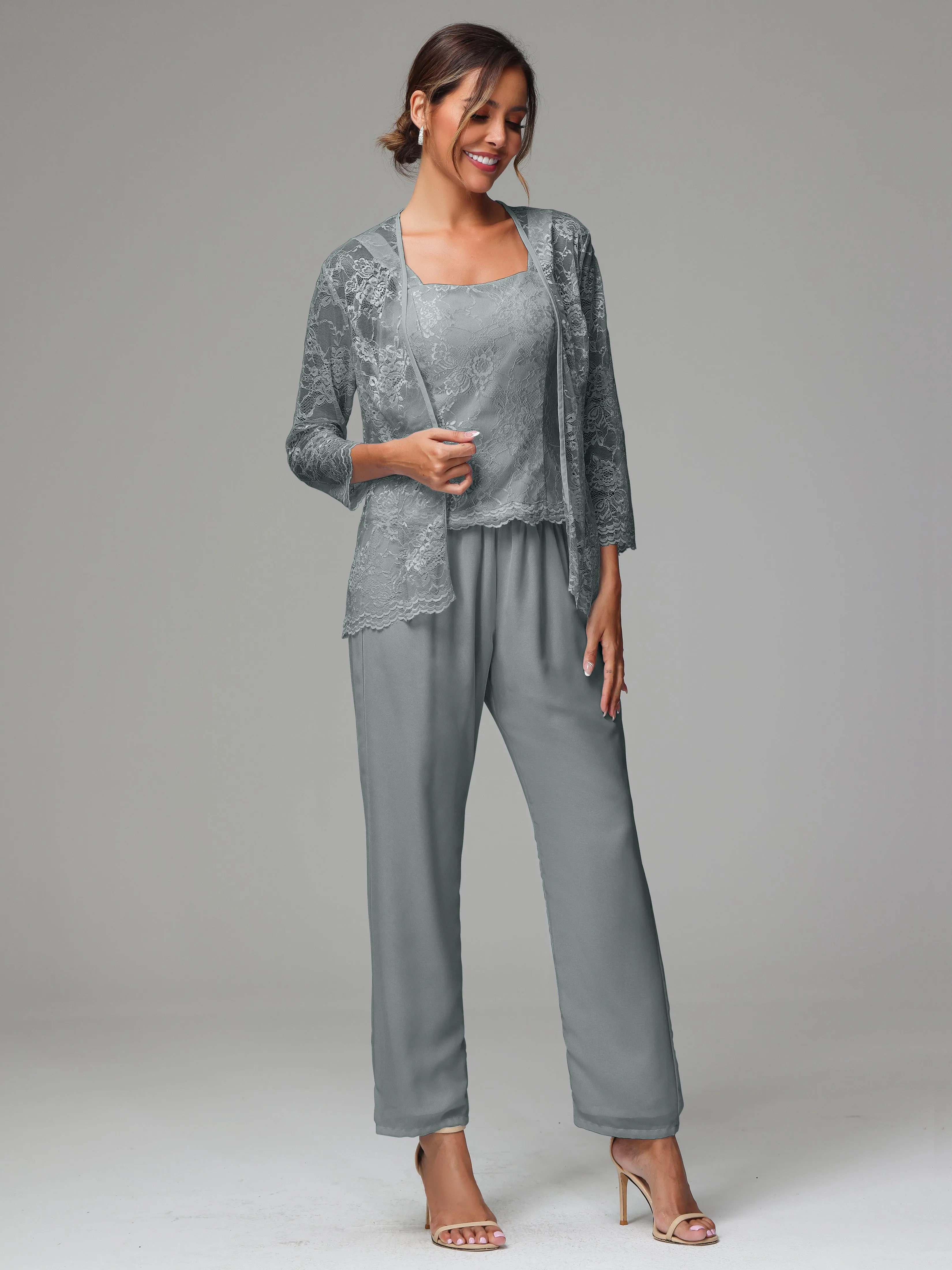 3 Pieces Long Sleeves Chiffon Lace Mother Of The Bride Dress Pants Suits