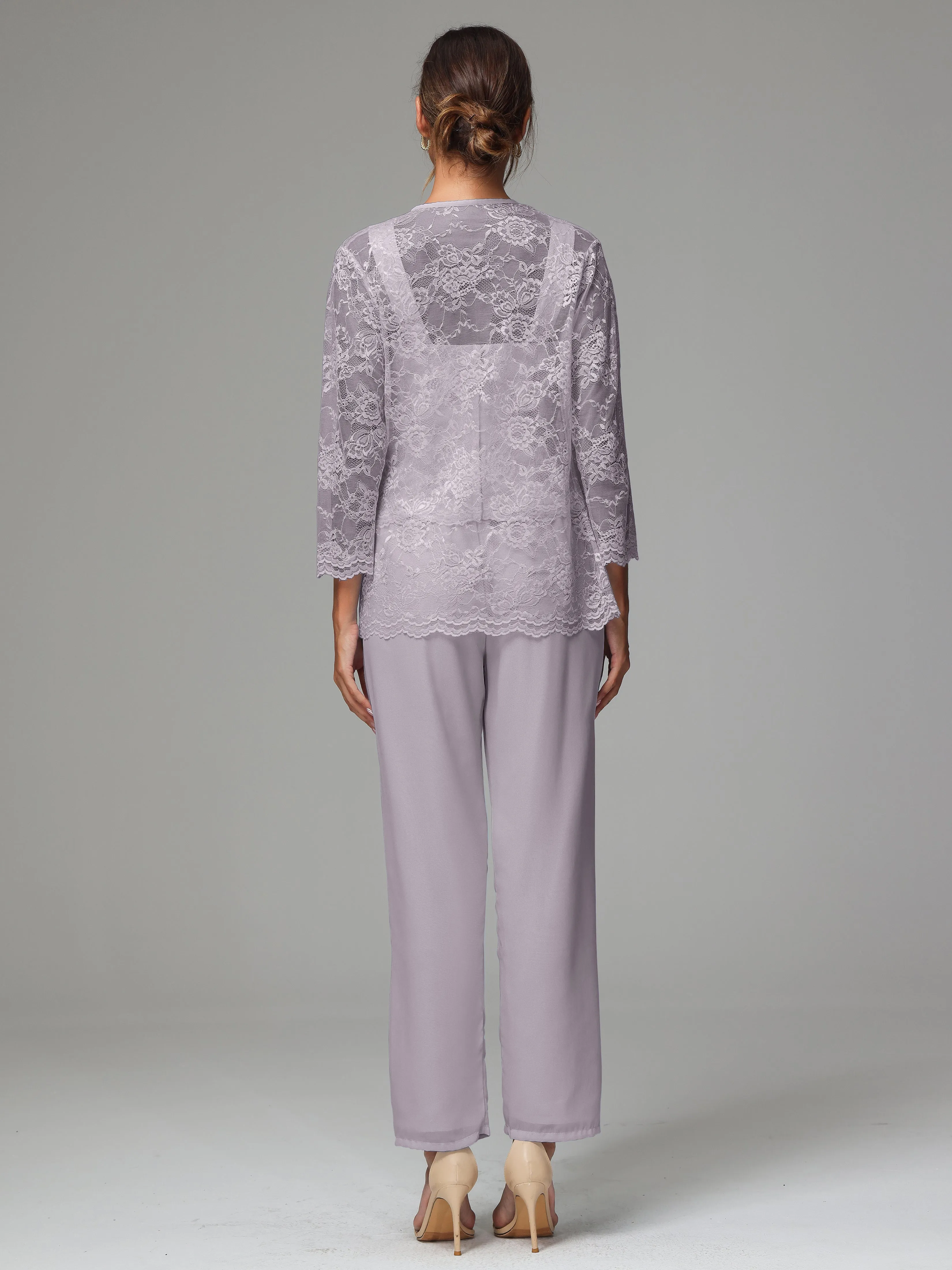 3 Pieces Long Sleeves Chiffon Lace Mother Of The Bride Dress Pants Suits