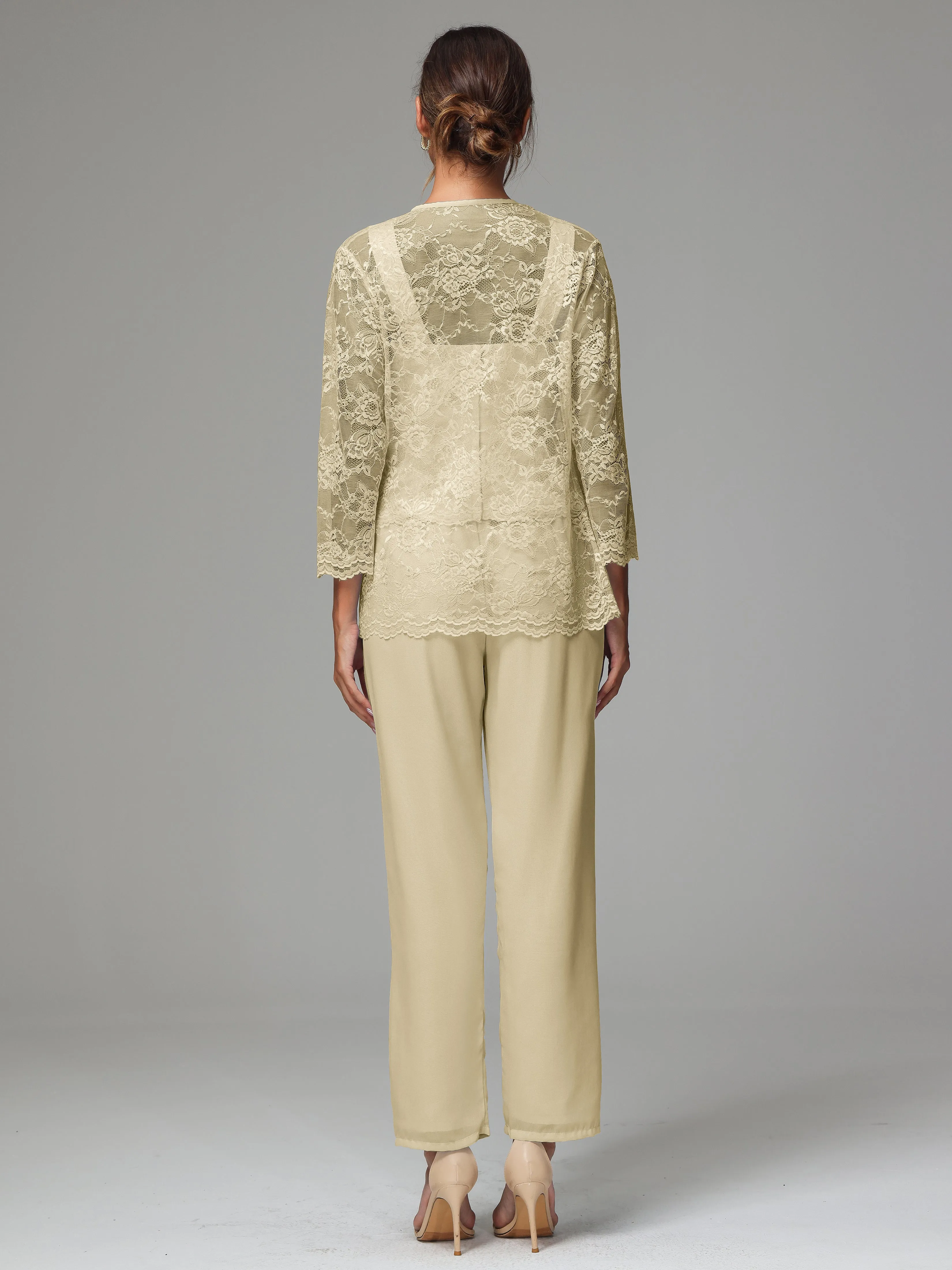 3 Pieces Long Sleeves Chiffon Lace Mother Of The Bride Dress Pants Suits