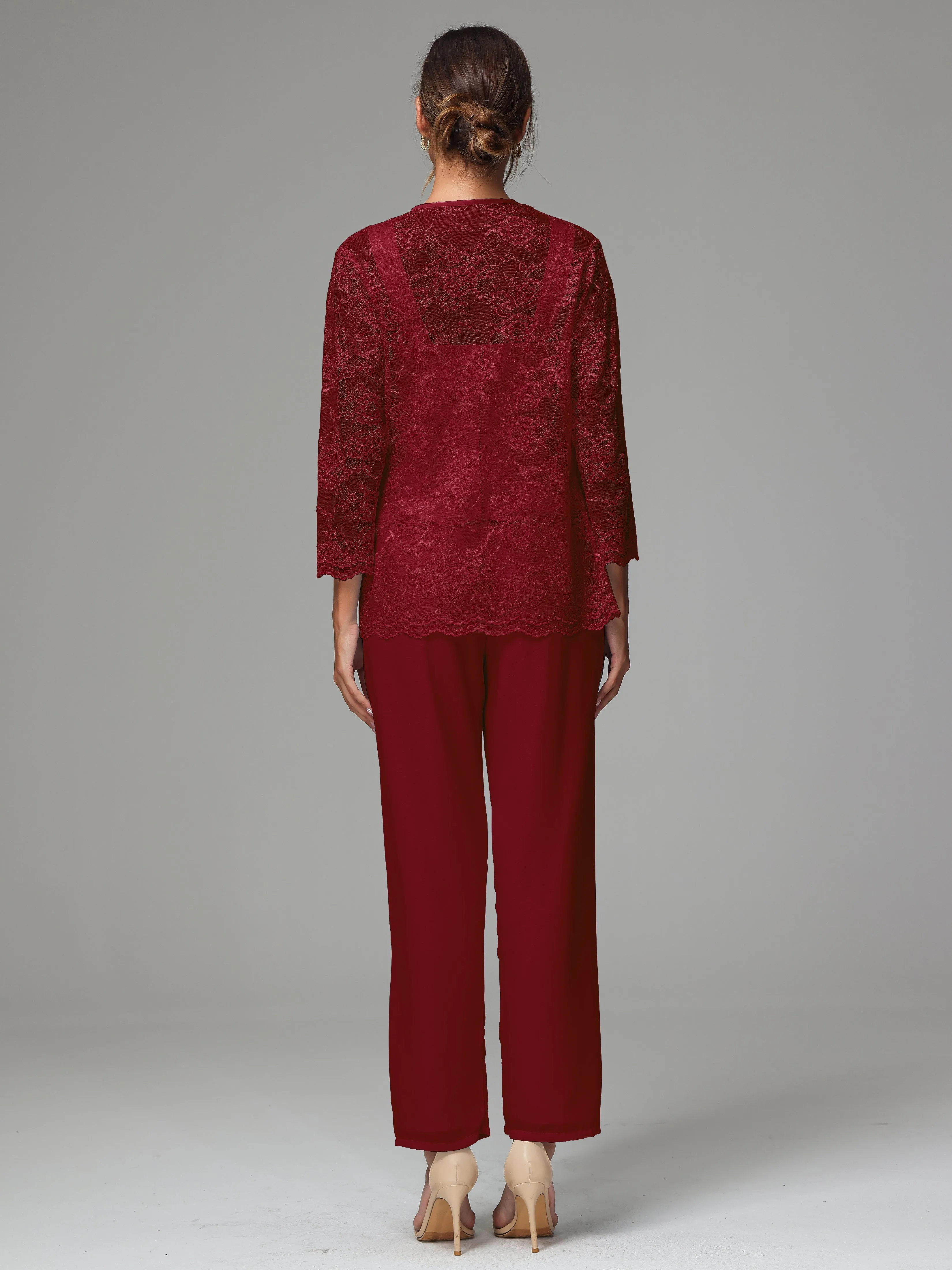 3 Pieces Long Sleeves Chiffon Lace Mother Of The Bride Dress Pants Suits