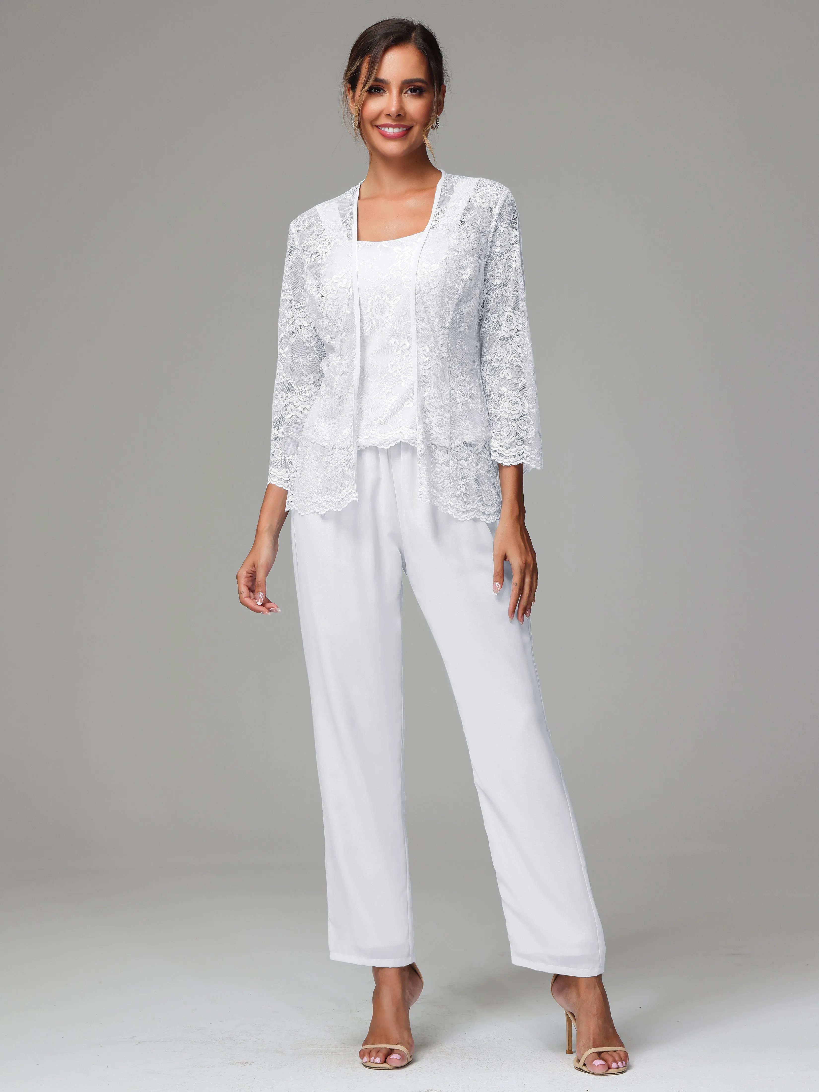 3 Pieces Long Sleeves Chiffon Lace Mother Of The Bride Dress Pants Suits