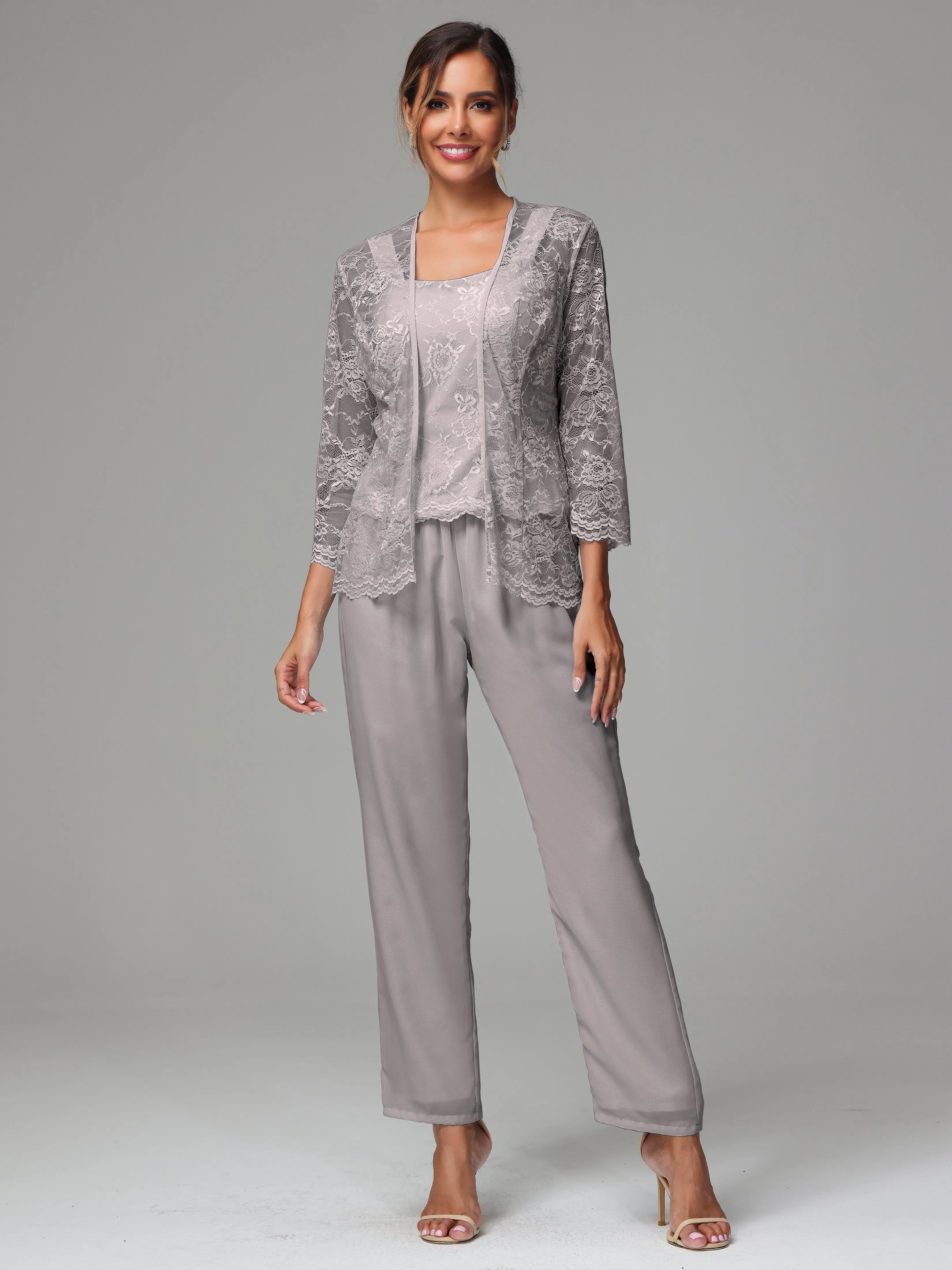 3 Pieces Long Sleeves Chiffon Lace Mother Of The Bride Dress Pants Suits