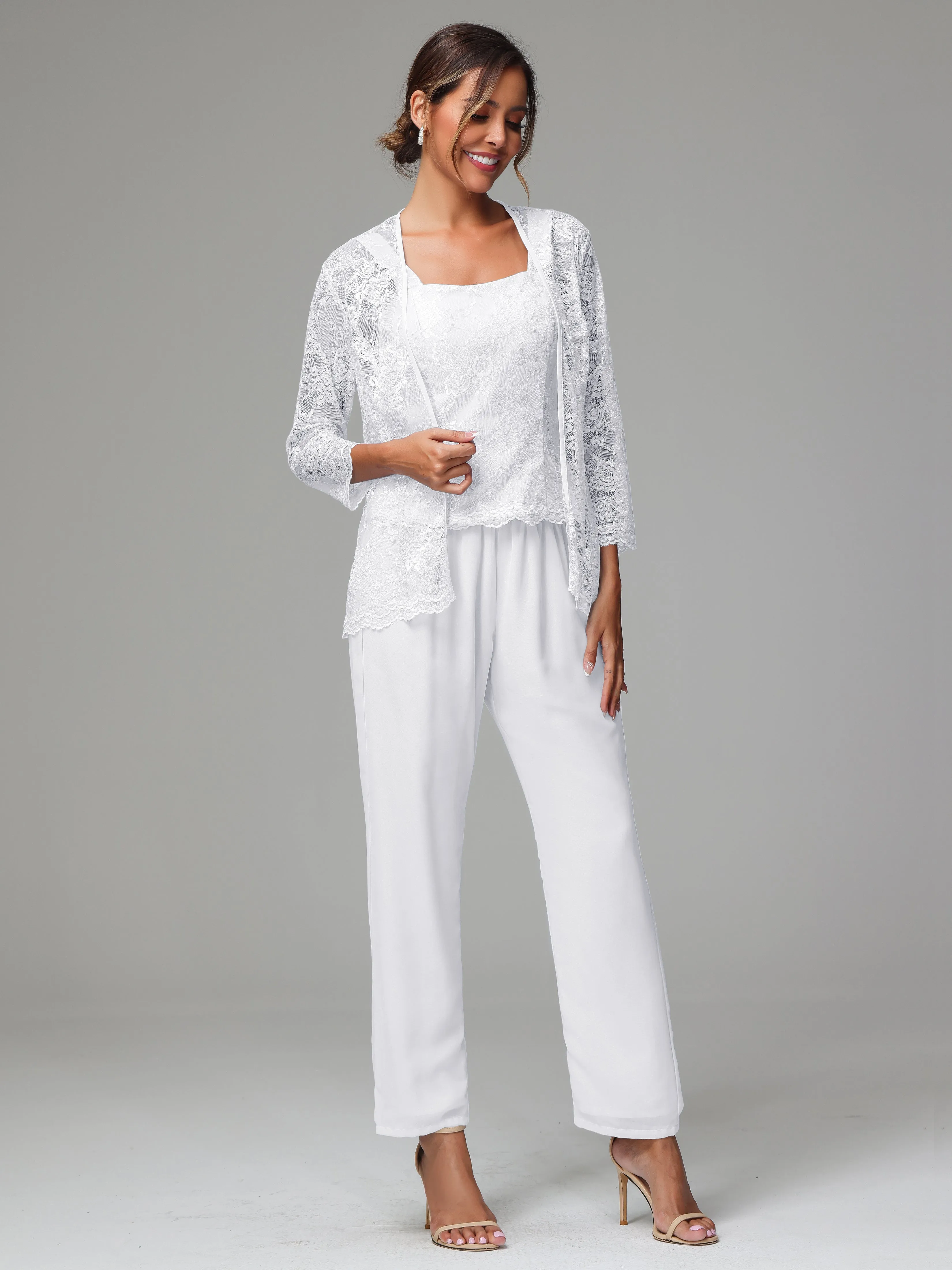 3 Pieces Long Sleeves Chiffon Lace Mother Of The Bride Dress Pants Suits