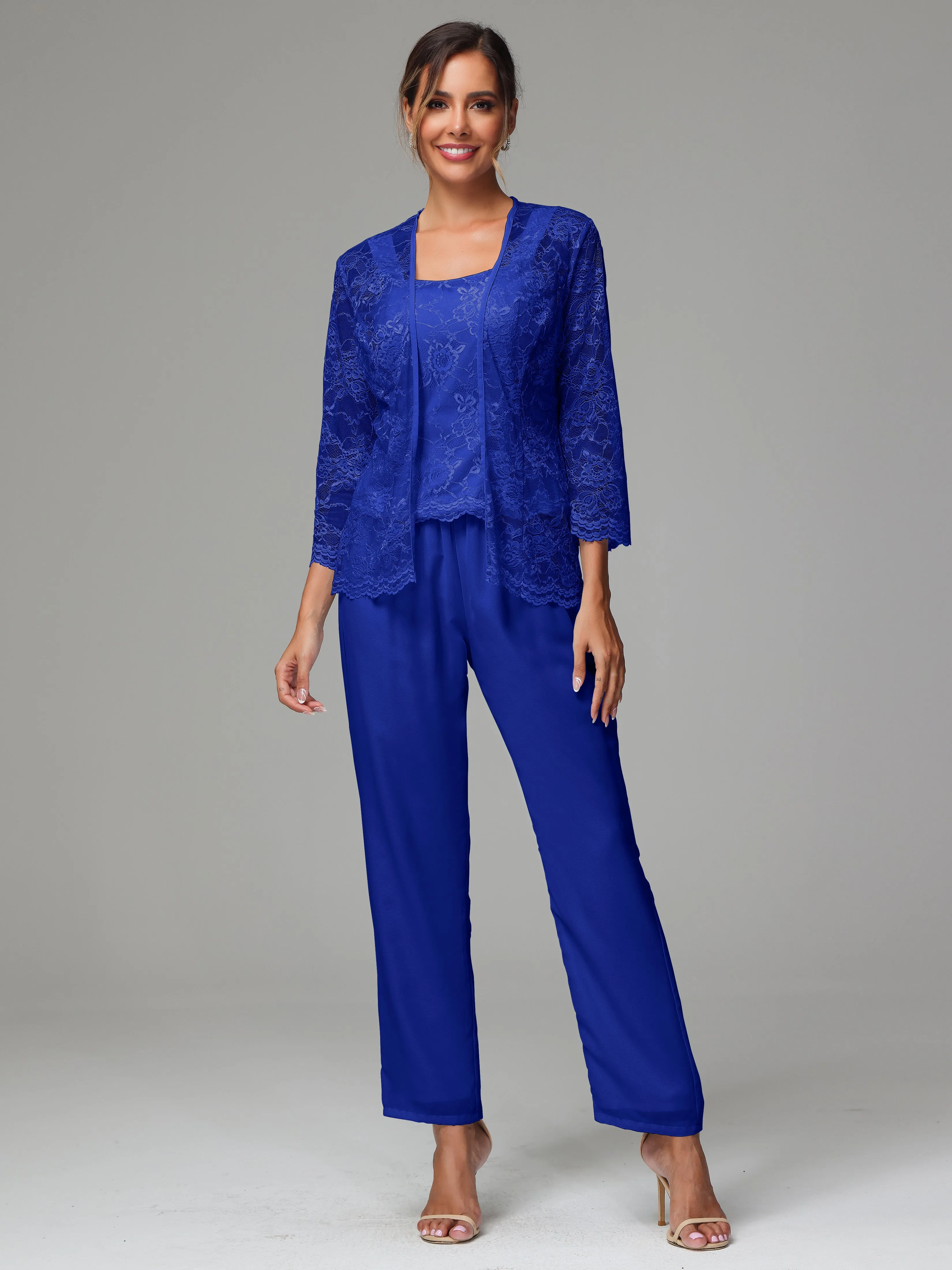 3 Pieces Long Sleeves Chiffon Lace Mother Of The Bride Dress Pants Suits