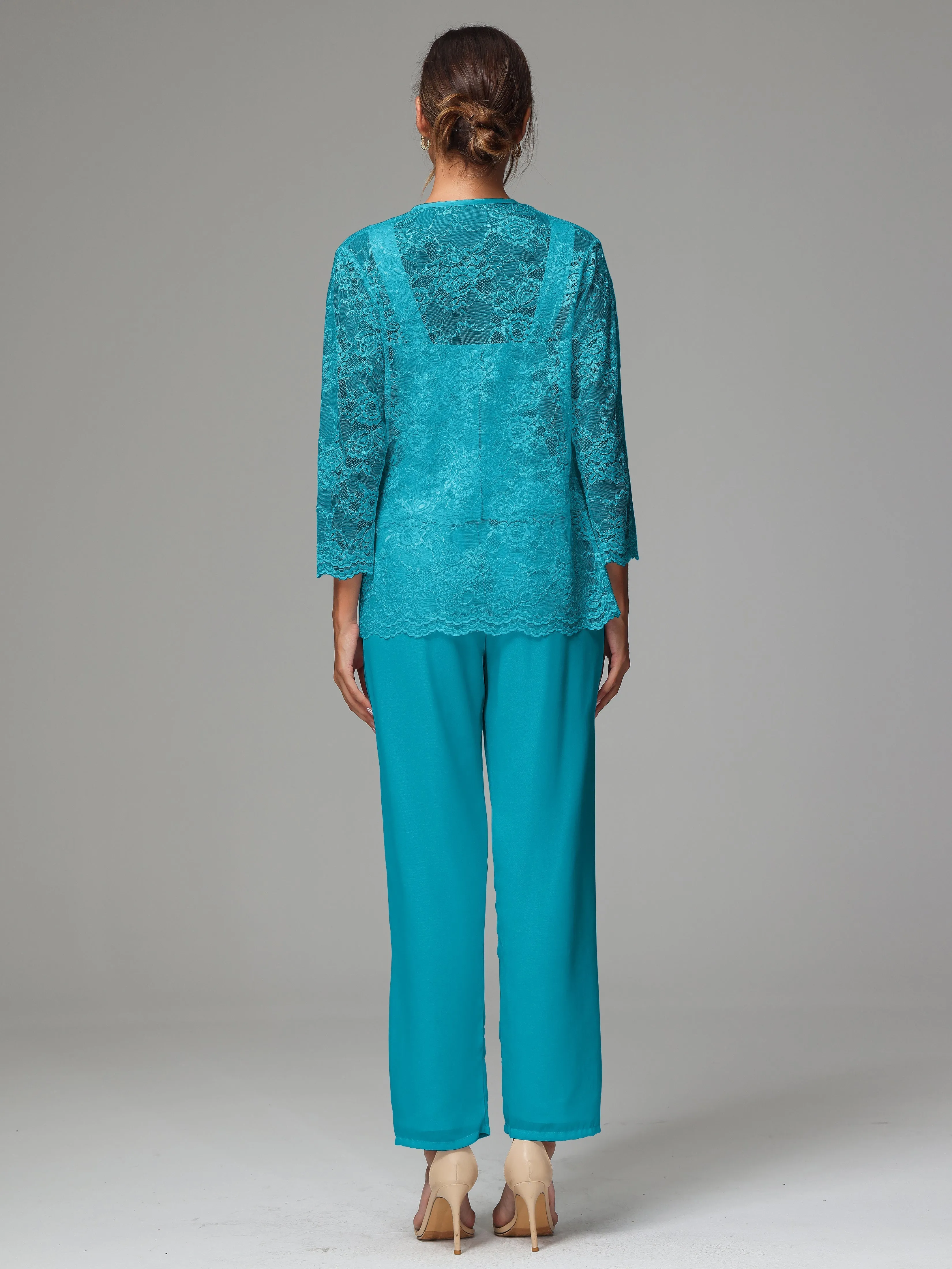 3 Pieces Long Sleeves Chiffon Lace Mother Of The Bride Dress Pants Suits