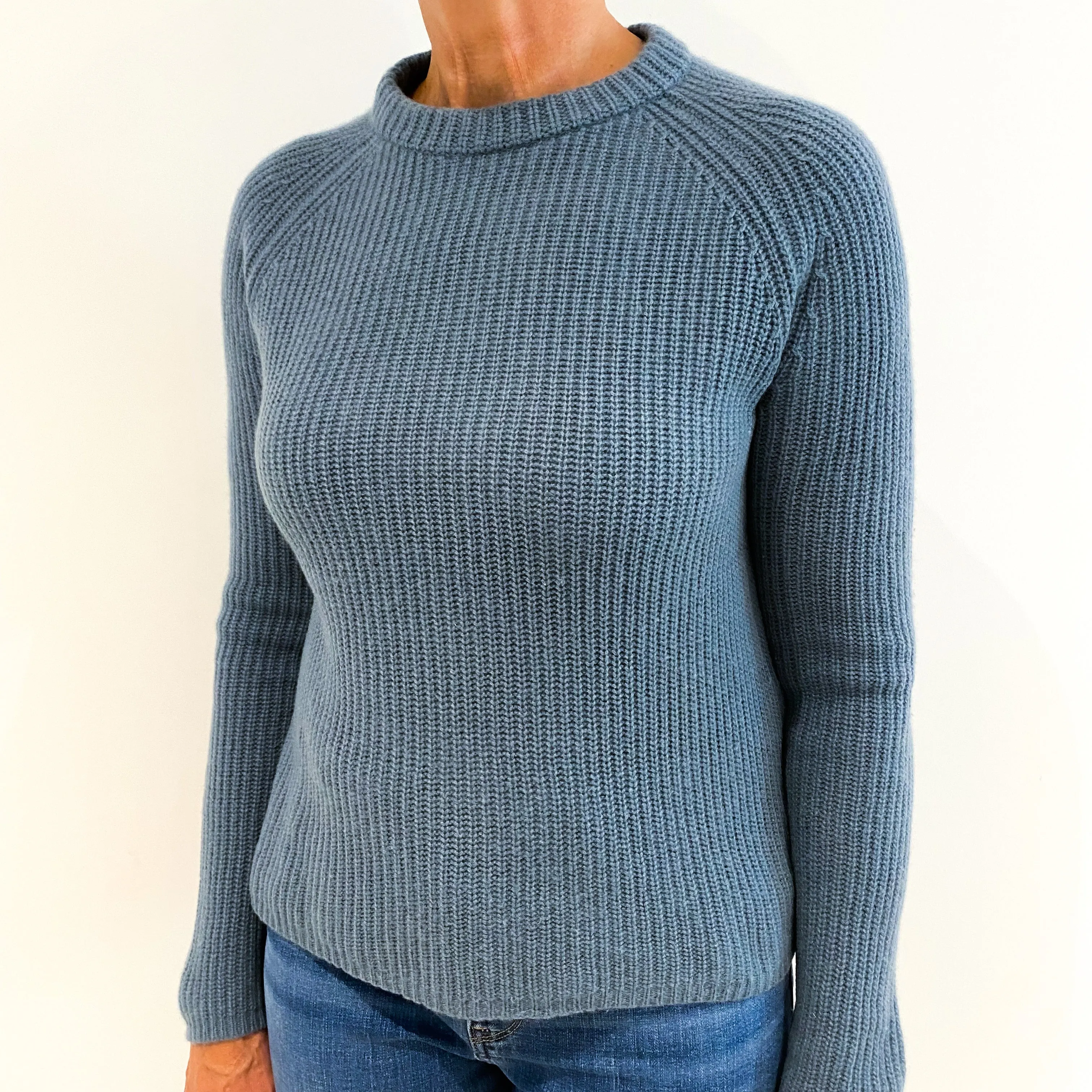 Airforce Blue Chunky Ribbed Cashmere Crew Neck Jumper Medium