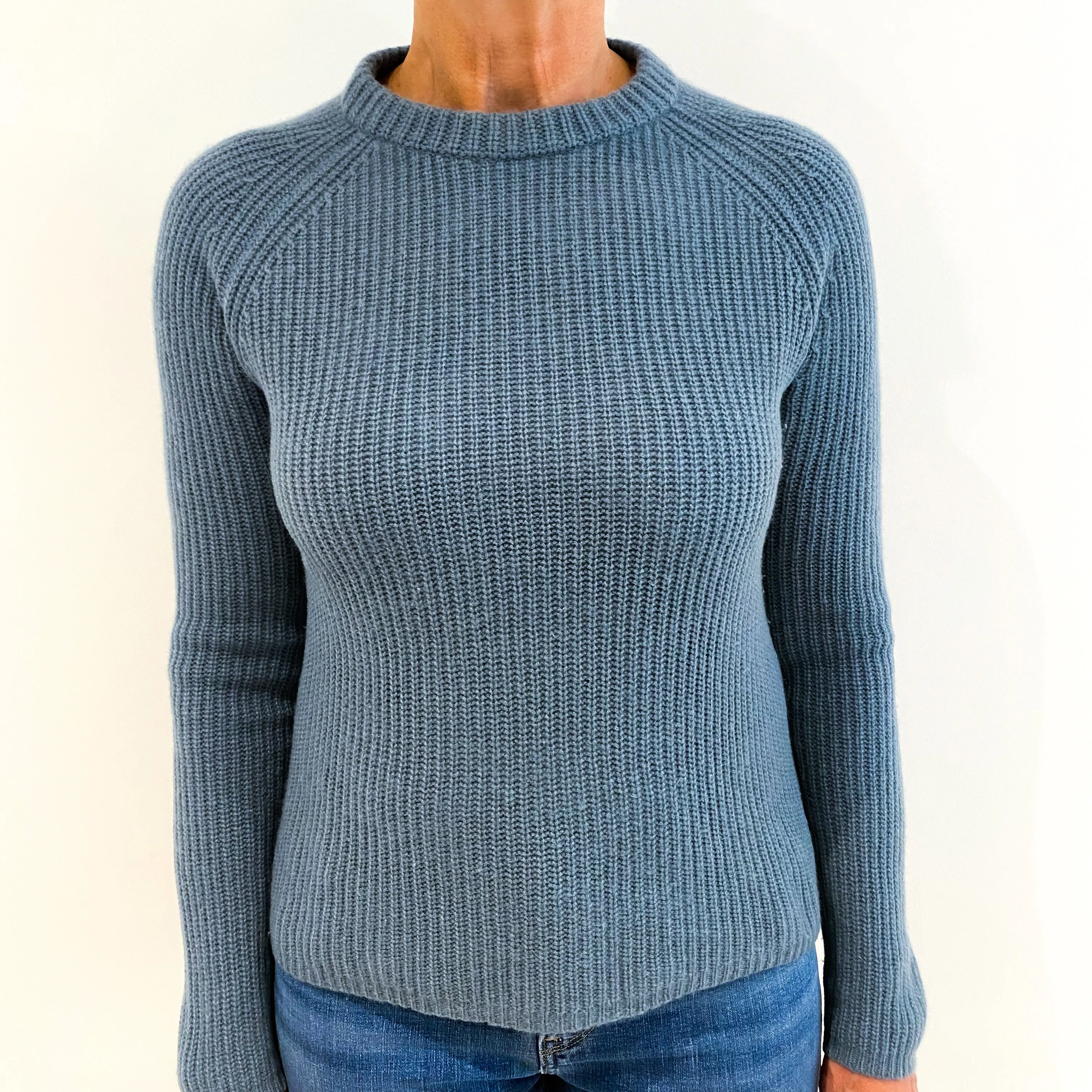 Airforce Blue Chunky Ribbed Cashmere Crew Neck Jumper Medium