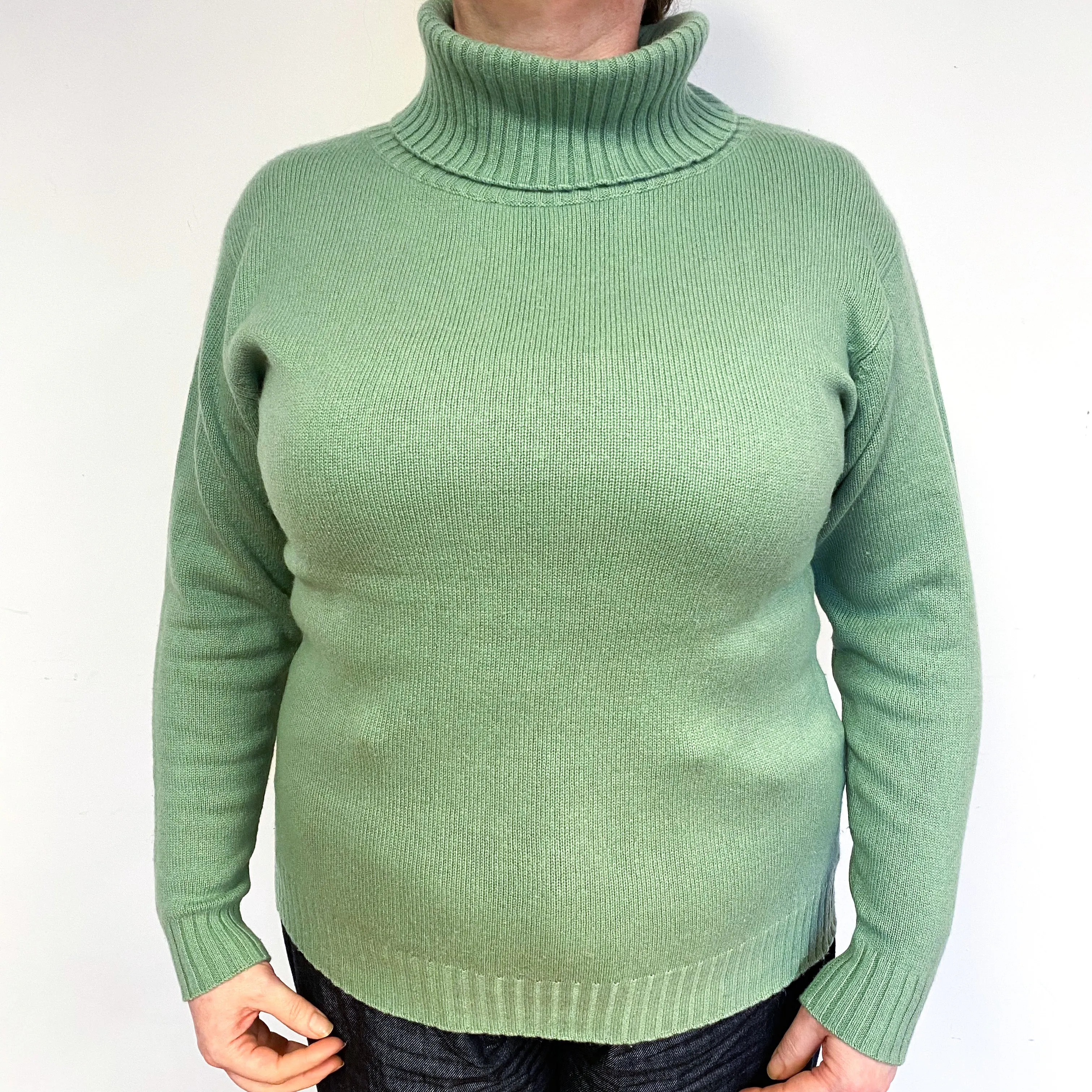 Apple Green Cashmere Polo Neck Jumper Large