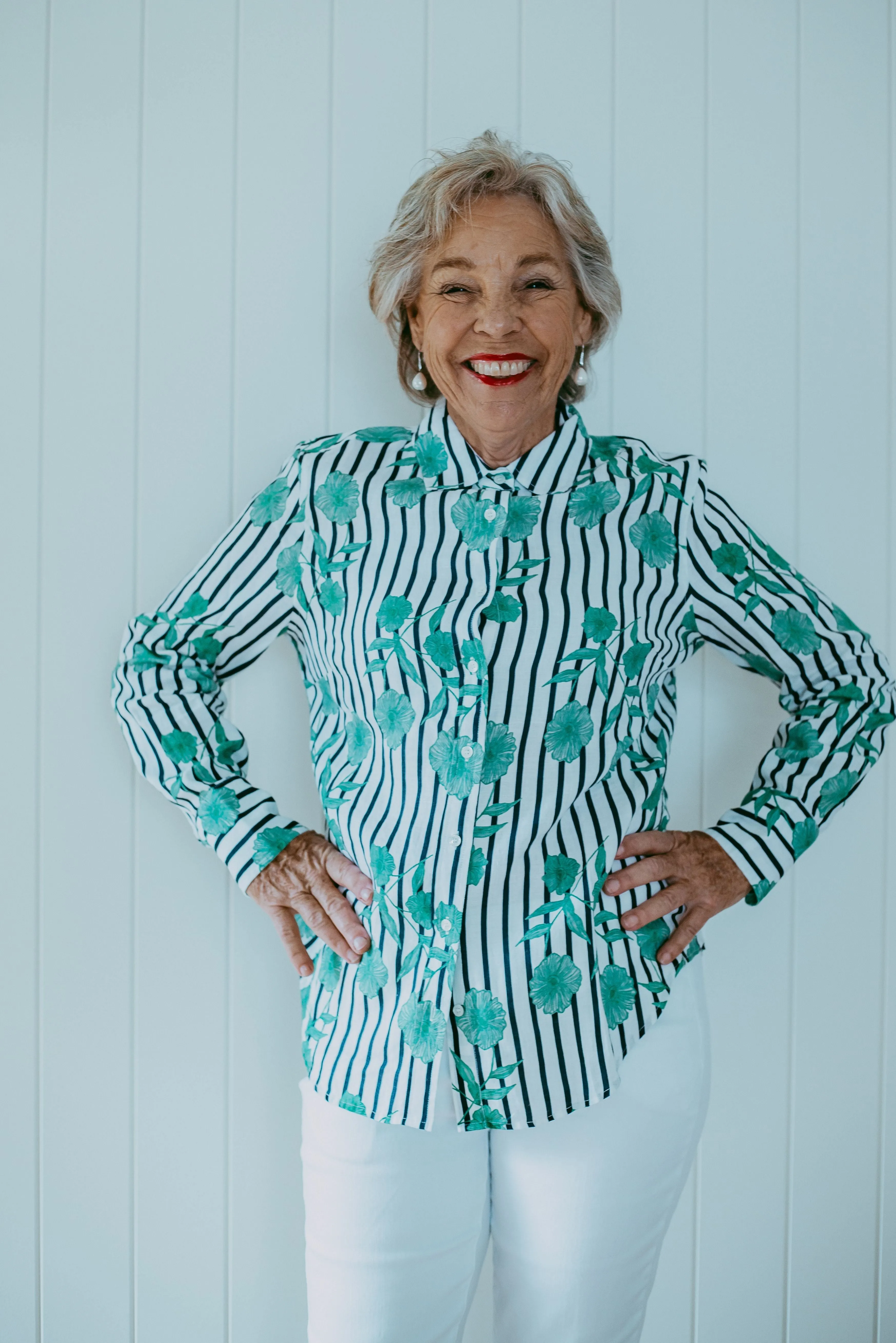 Aquadoor Casual Relaxed Stripe Floral Shirt Green/Navy