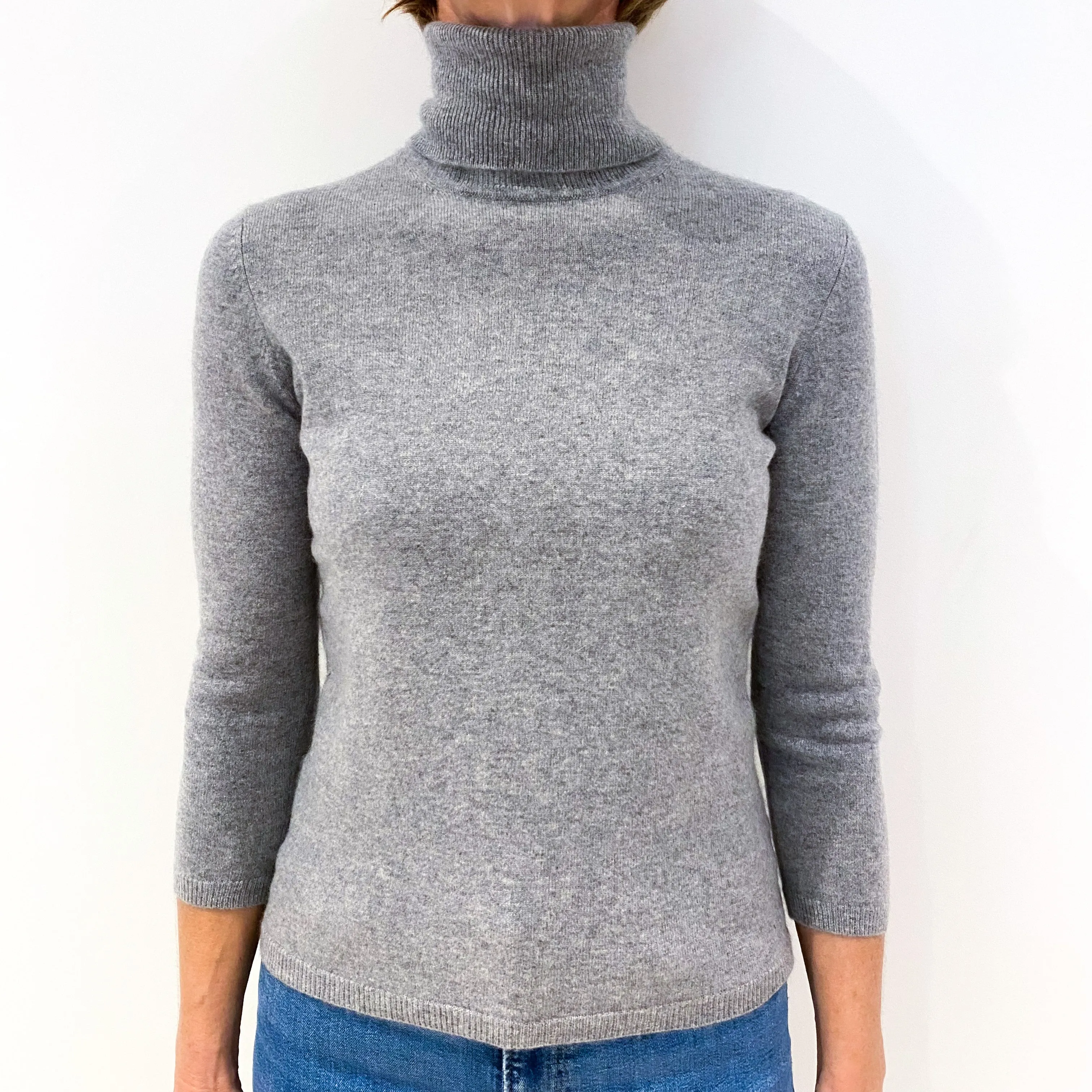 Ash Grey 3/4 Sleeve Cashmere Polo Neck Jumper Small