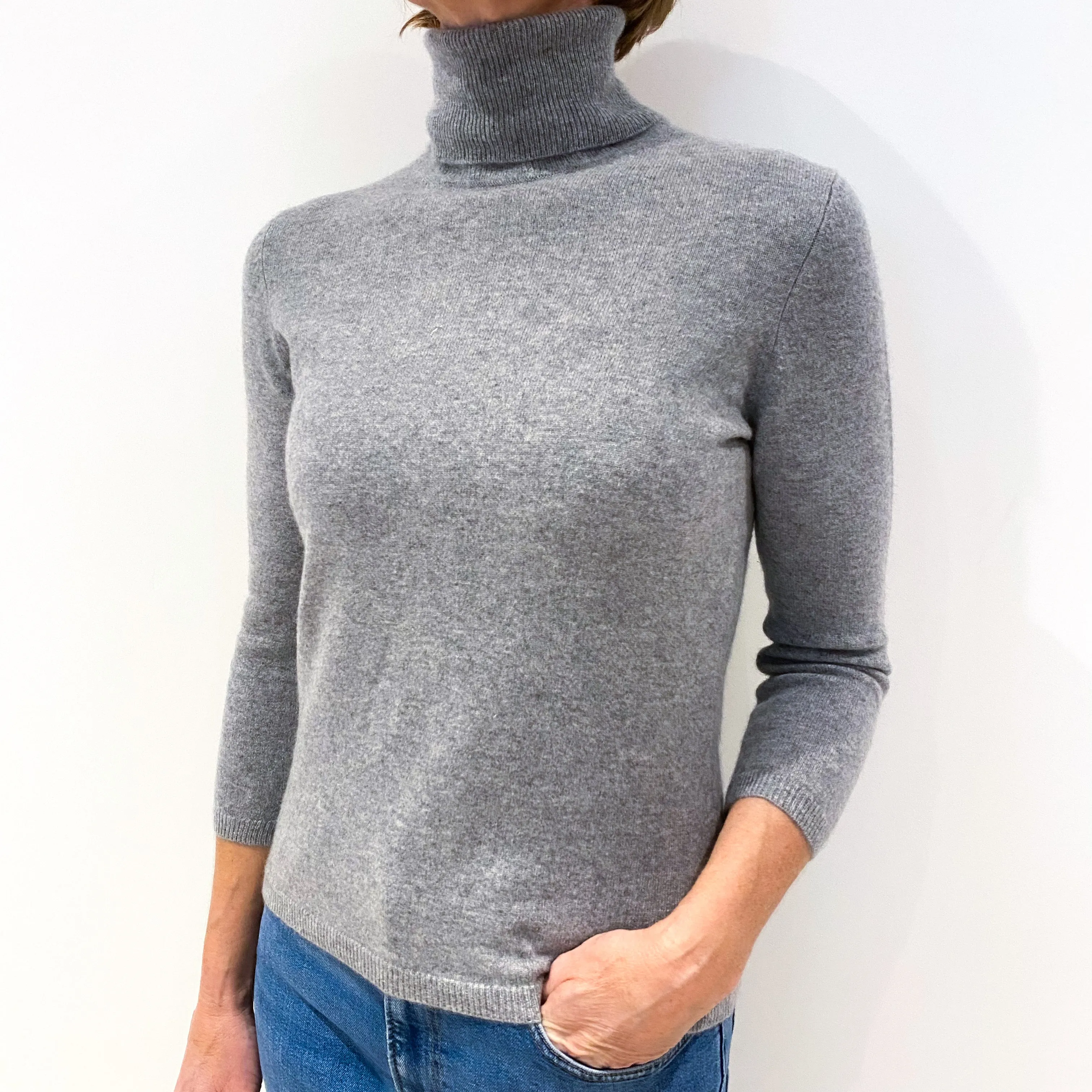 Ash Grey 3/4 Sleeve Cashmere Polo Neck Jumper Small