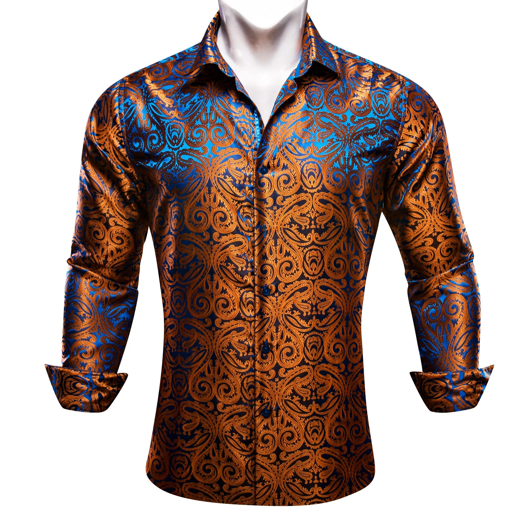 Barry Wang Bright Brown Blue Paisley Men's Silk Shirt Long Sleeve Shirt