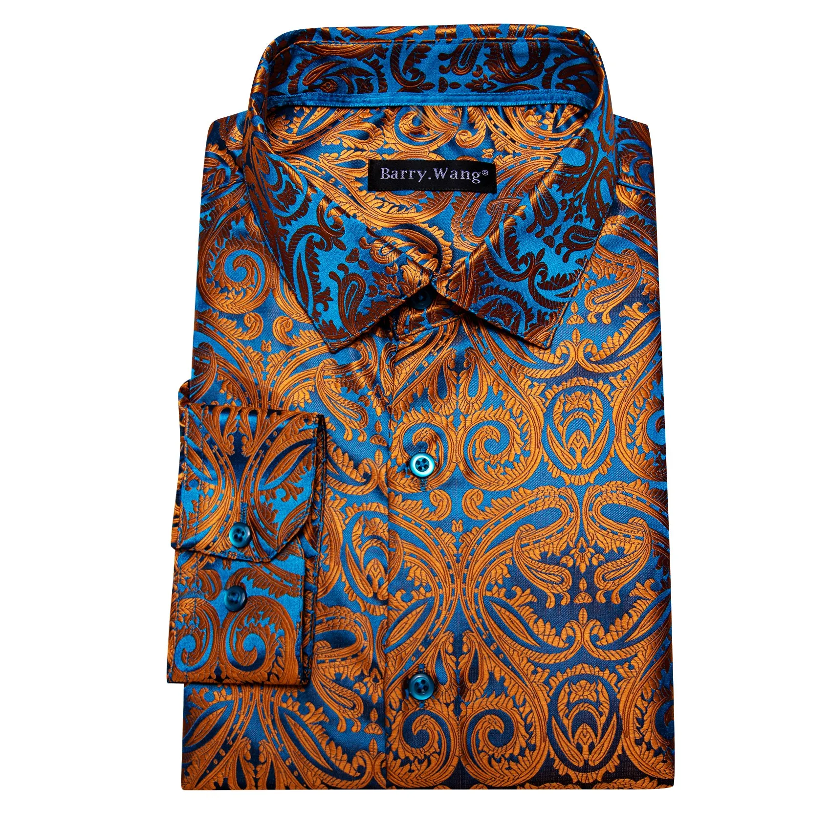 Barry Wang Bright Brown Blue Paisley Men's Silk Shirt Long Sleeve Shirt