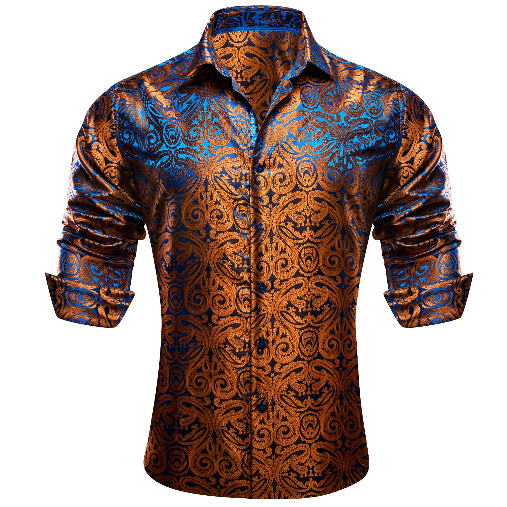Barry Wang Bright Brown Blue Paisley Men's Silk Shirt Long Sleeve Shirt