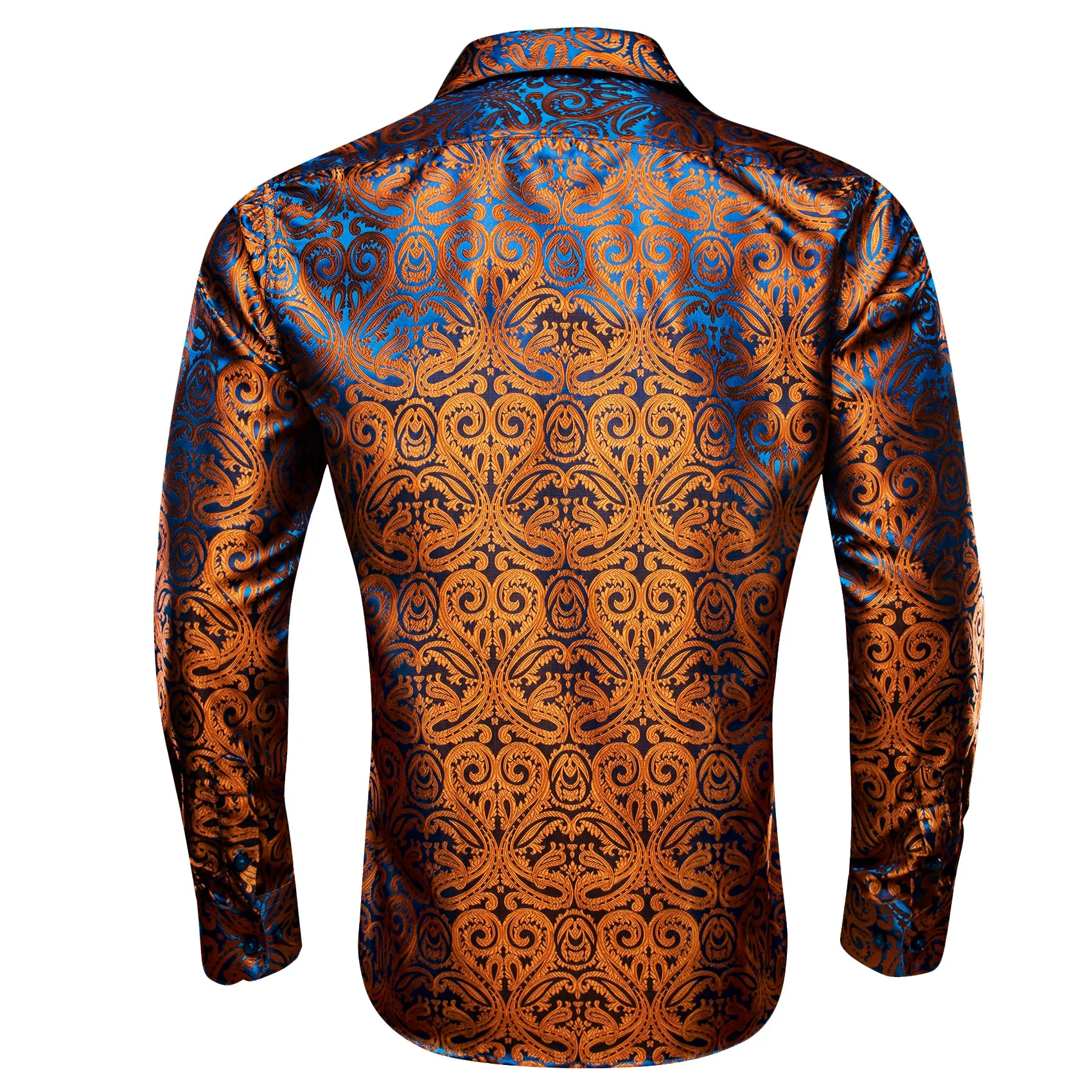 Barry Wang Bright Brown Blue Paisley Men's Silk Shirt Long Sleeve Shirt