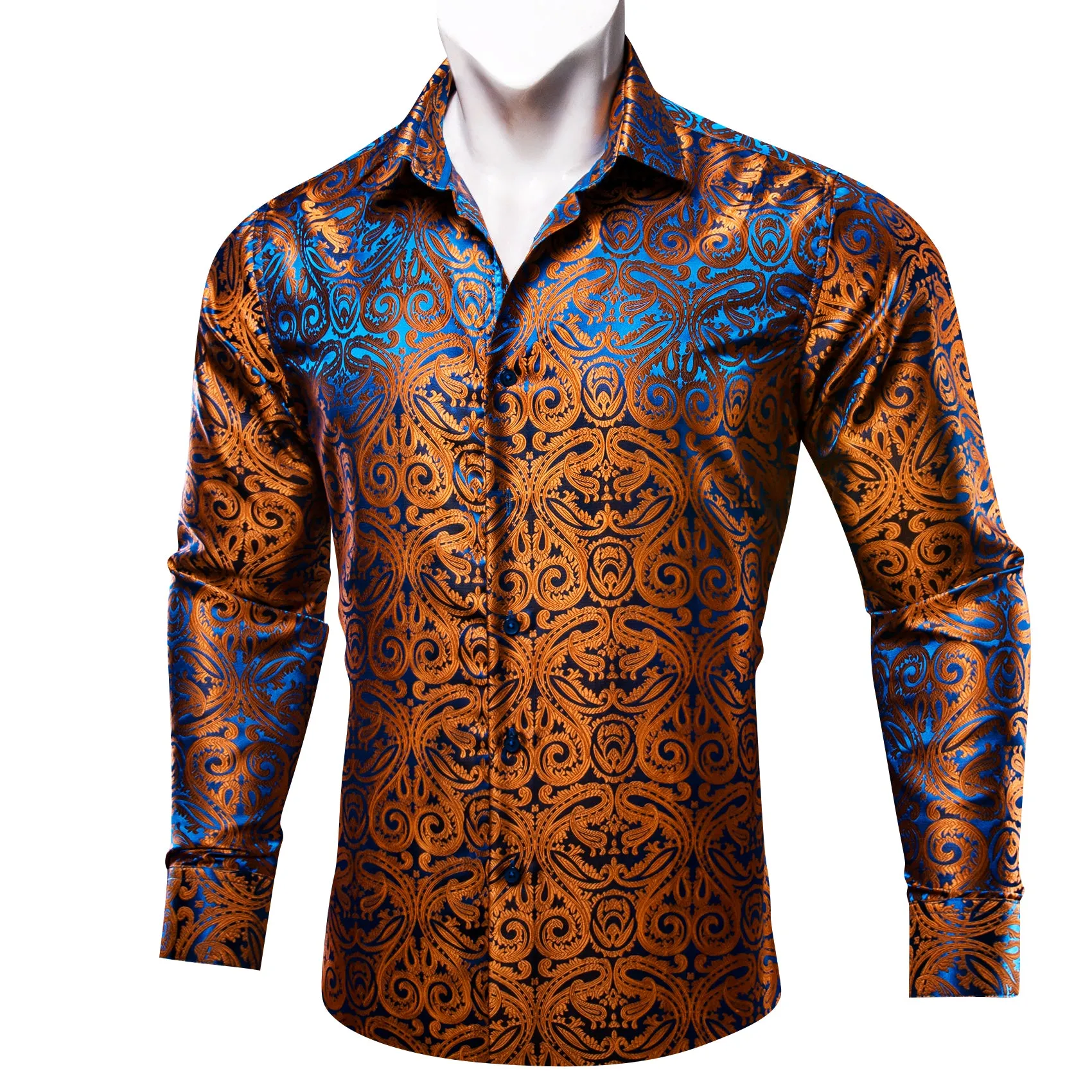 Barry Wang Bright Brown Blue Paisley Men's Silk Shirt Long Sleeve Shirt