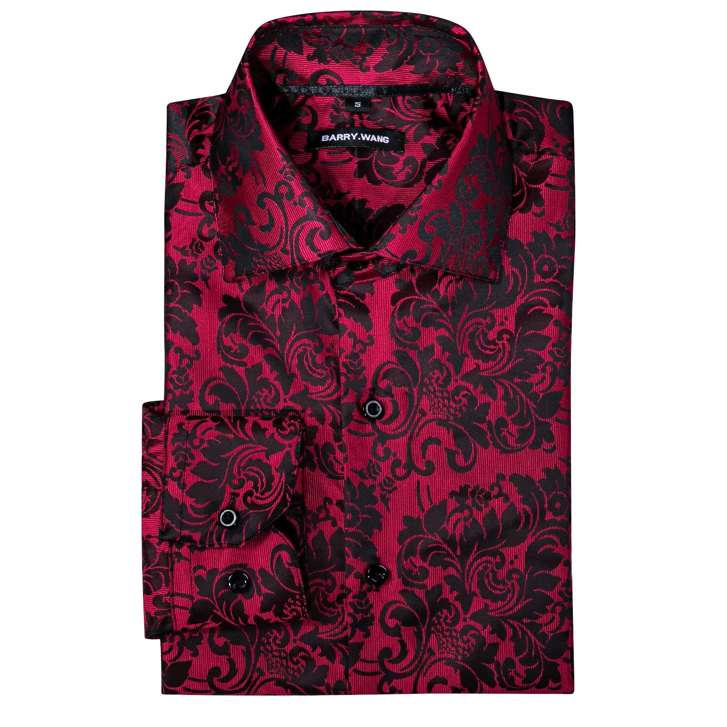 Barry.wang Button Down Shirt Red Black Floral Dress Silk Shirt for Men