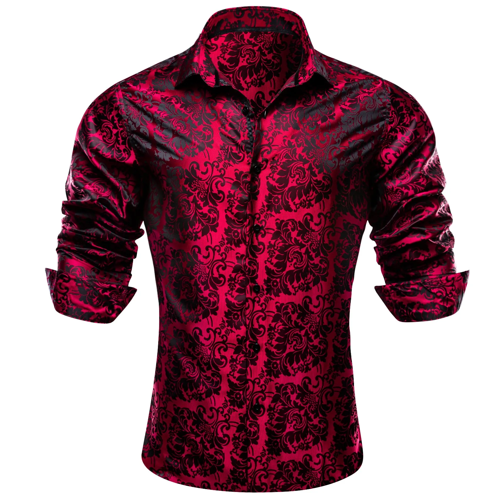 Barry.wang Button Down Shirt Red Black Floral Dress Silk Shirt for Men