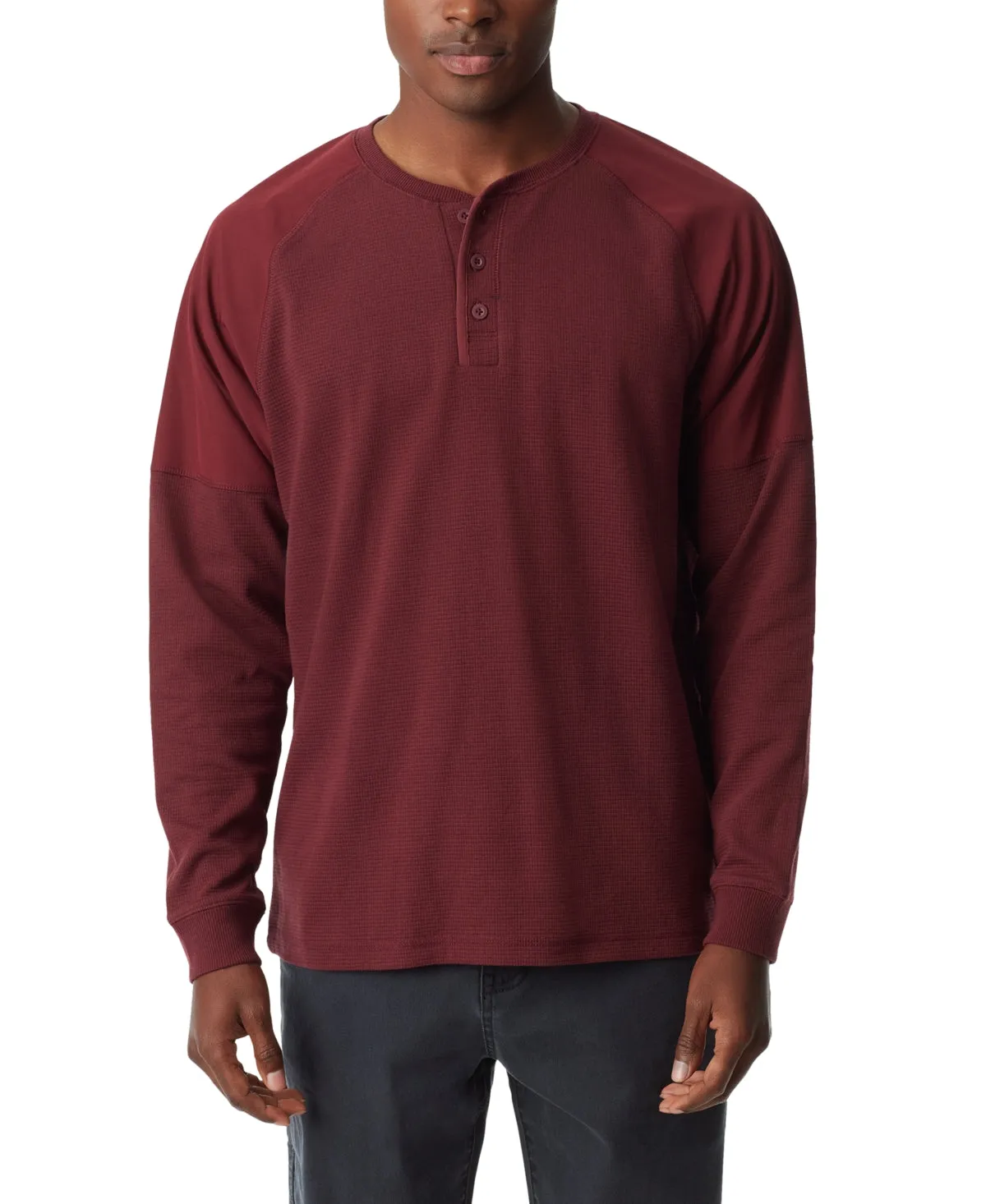 Bass Outdoors Mens Thermal Raglan Long Sleeve Henley T Shirt Tawny Port 2XL