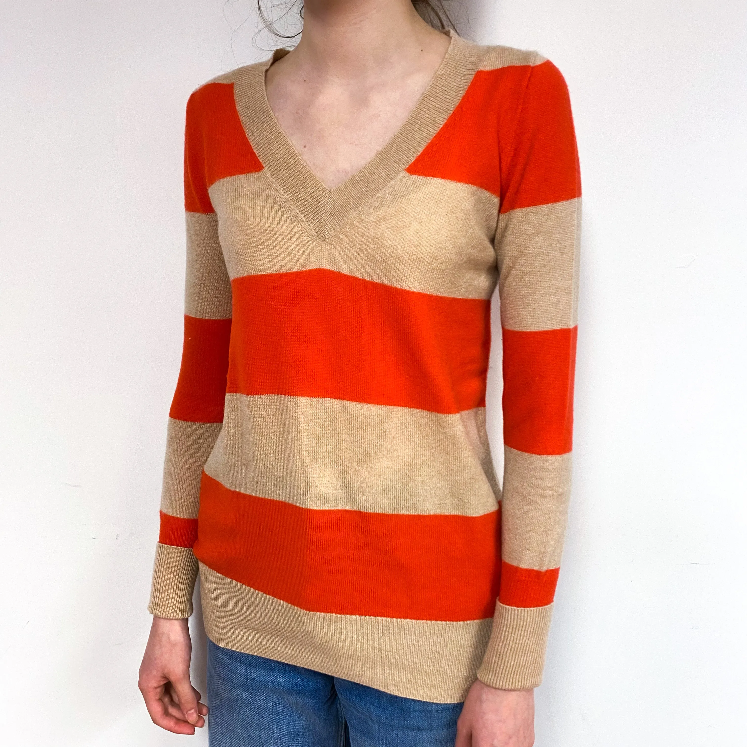 Beige Orange Stripe Cashmere V-Neck Jumper Extra Small