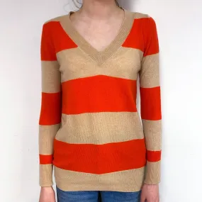 Beige Orange Stripe Cashmere V-Neck Jumper Extra Small