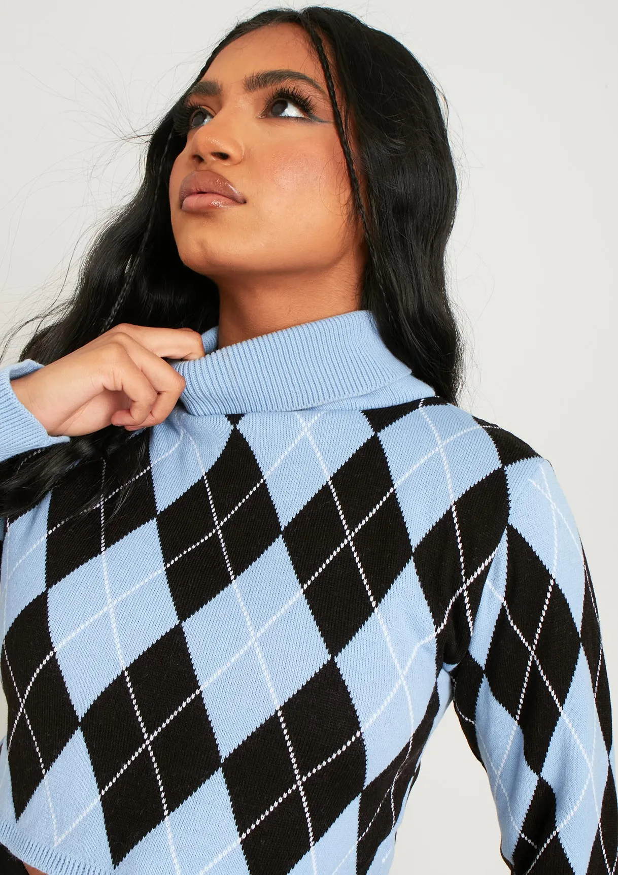 Bella Blue Knitted High Neck Jacquard Cropped Jumper