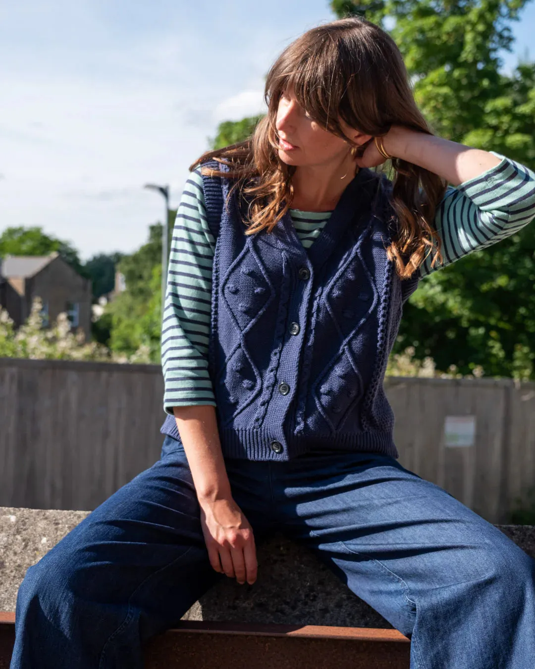 Bibico Lora cable knit waistcoat Indigo