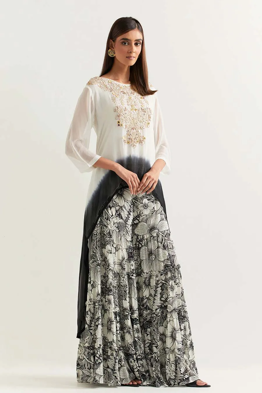 Black & White Embroidered Tunic With Printed Gharara