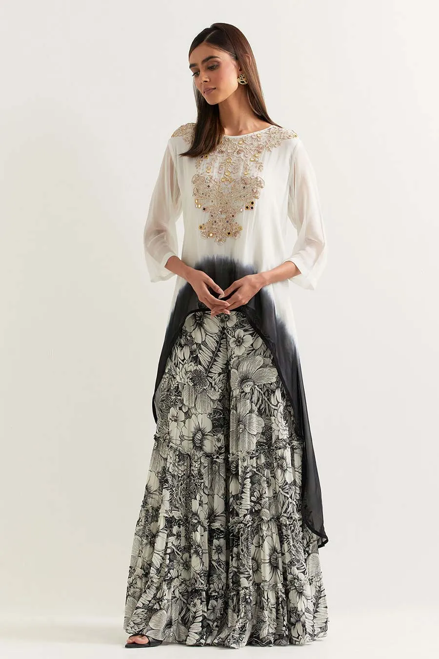 Black & White Embroidered Tunic With Printed Gharara