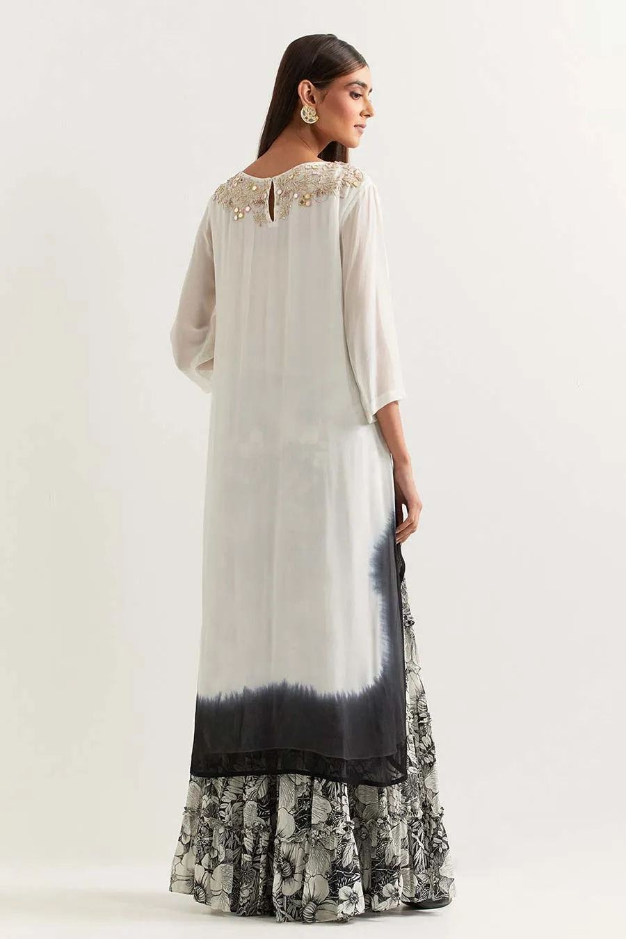Black & White Embroidered Tunic With Printed Gharara