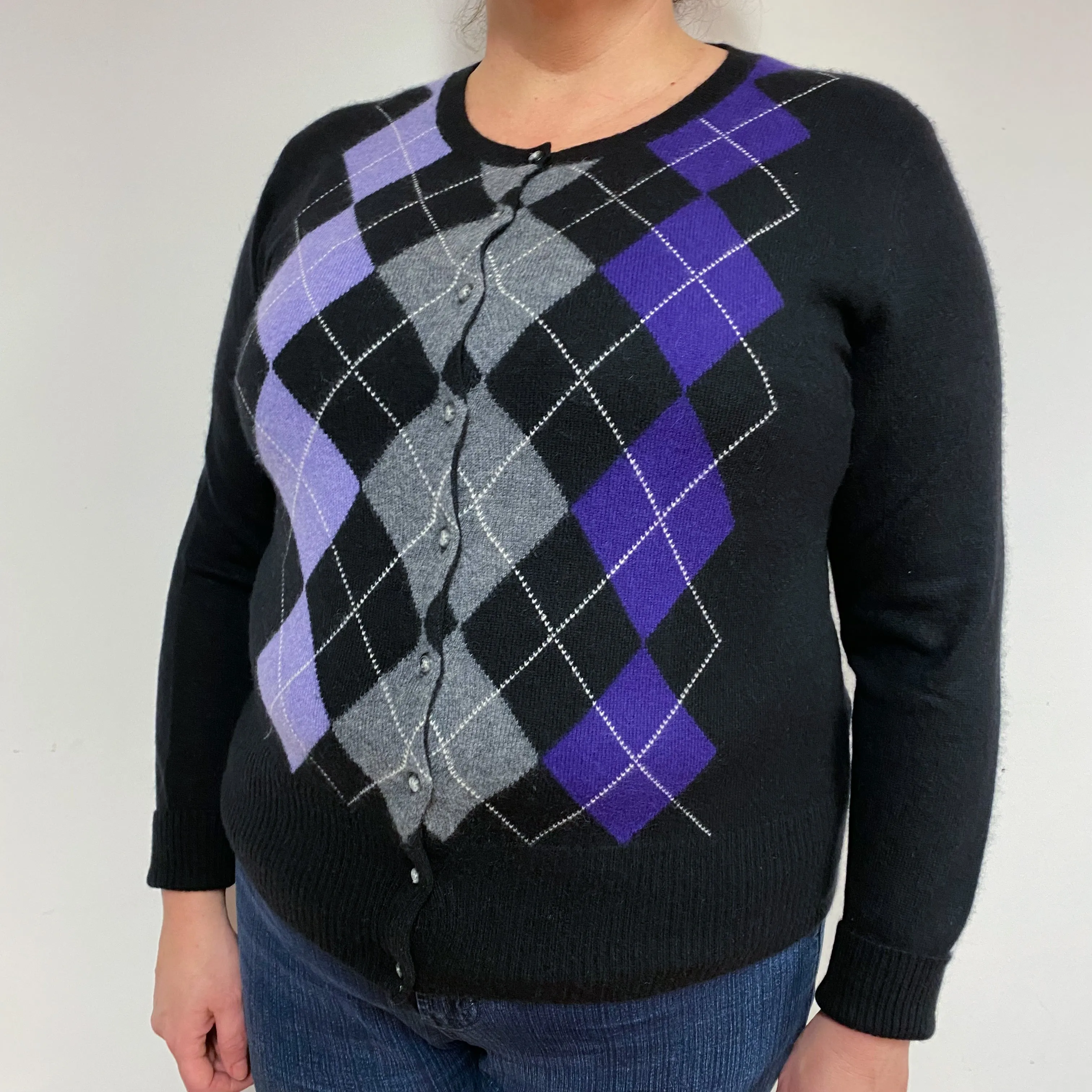 Black Purple Grey Cashmere Crew Neck  Cardigan X Large