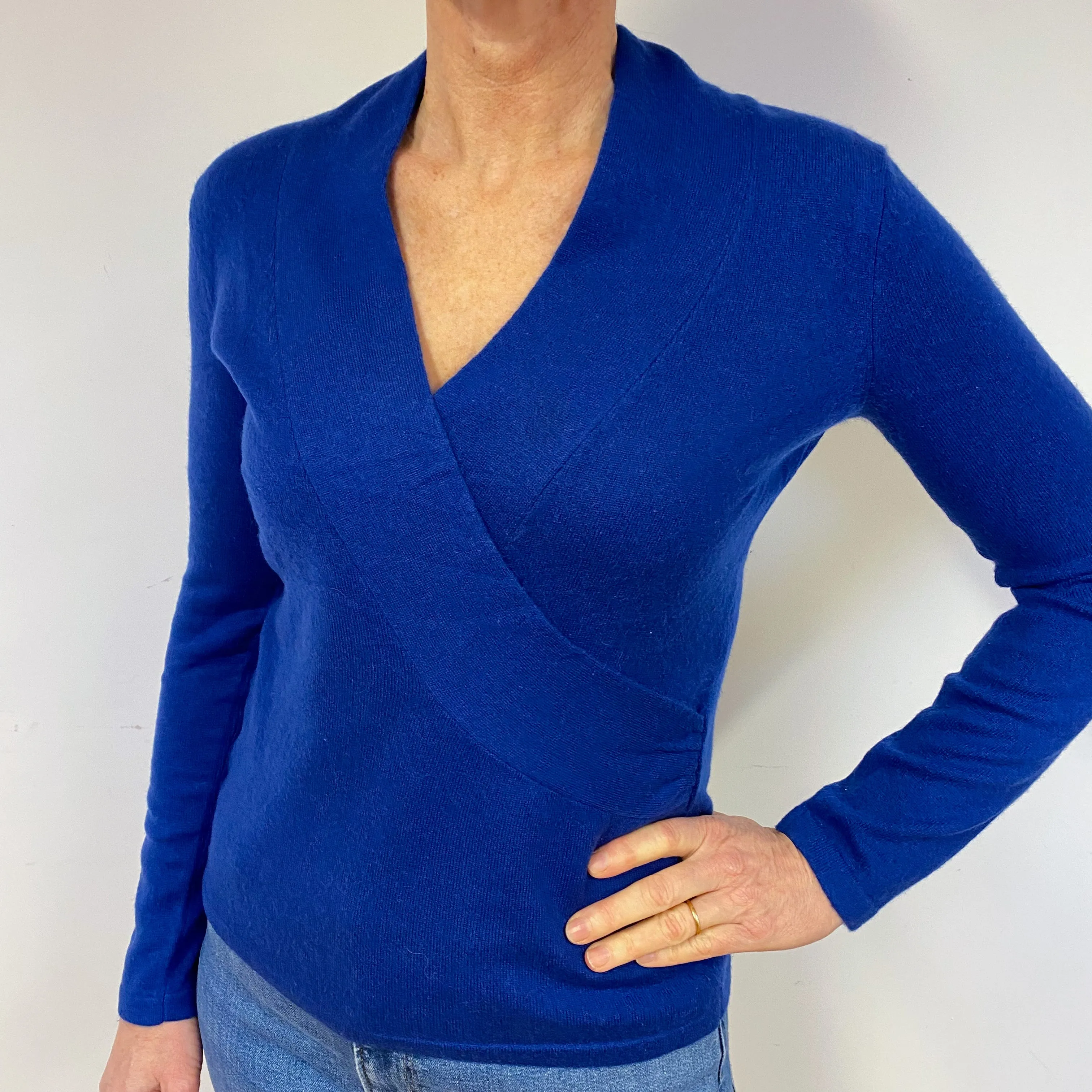 Blue Cross-Over Cashmere V-Neck Jumper Medium