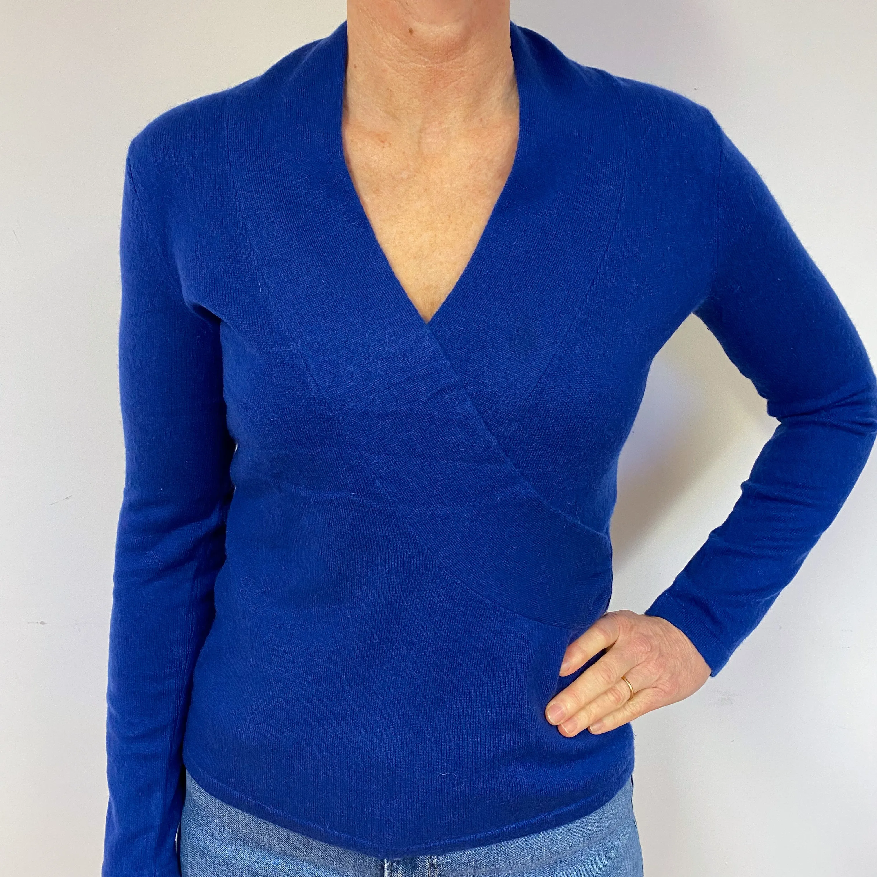 Blue Cross-Over Cashmere V-Neck Jumper Medium