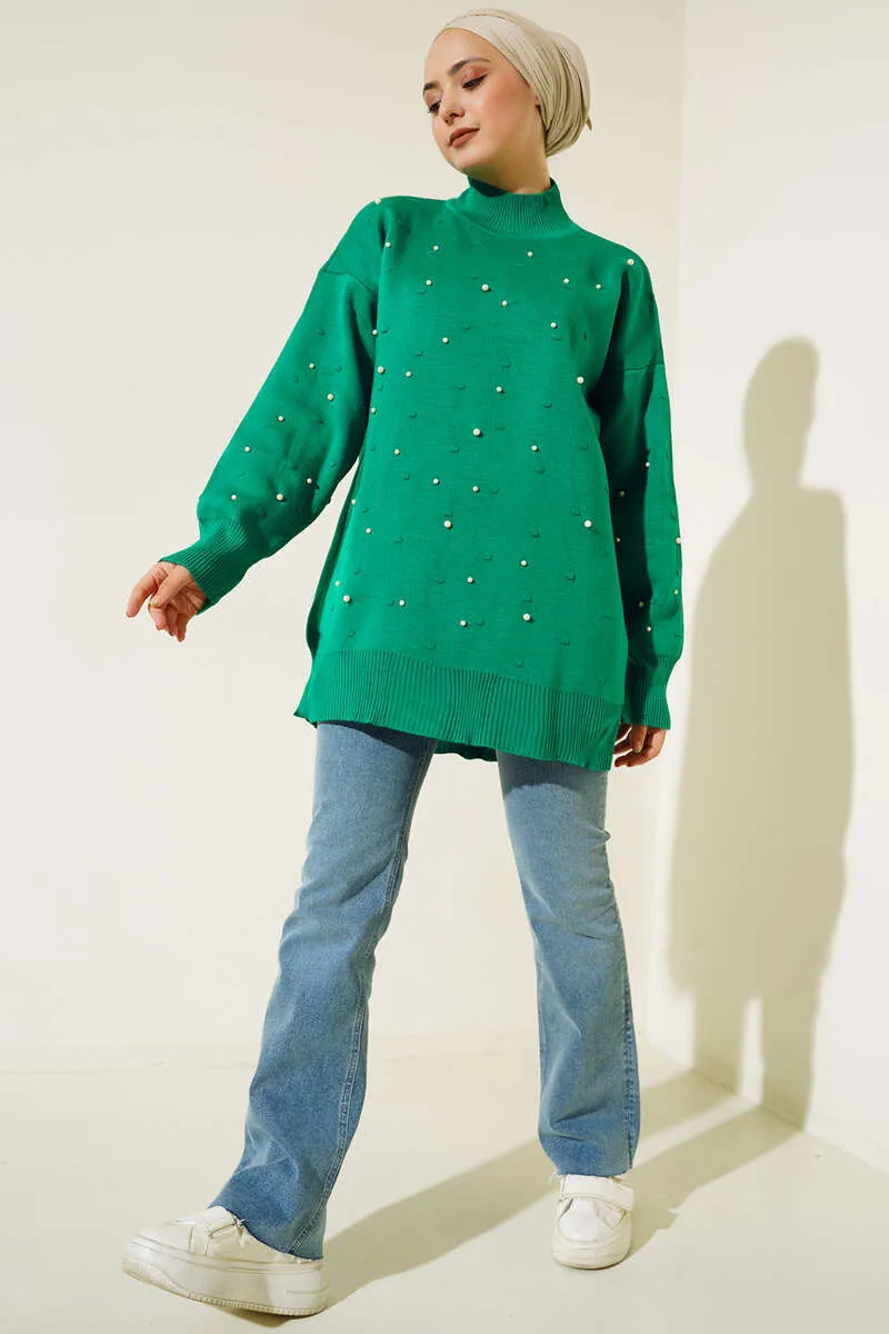 BNG Women Pearl Detailed Knit Tunic Green - Clermont