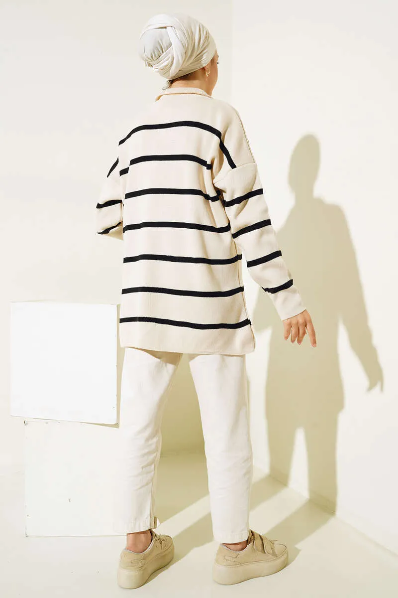 BNG Women Striped Tunic with Collar Zipper Ecru - Clermont