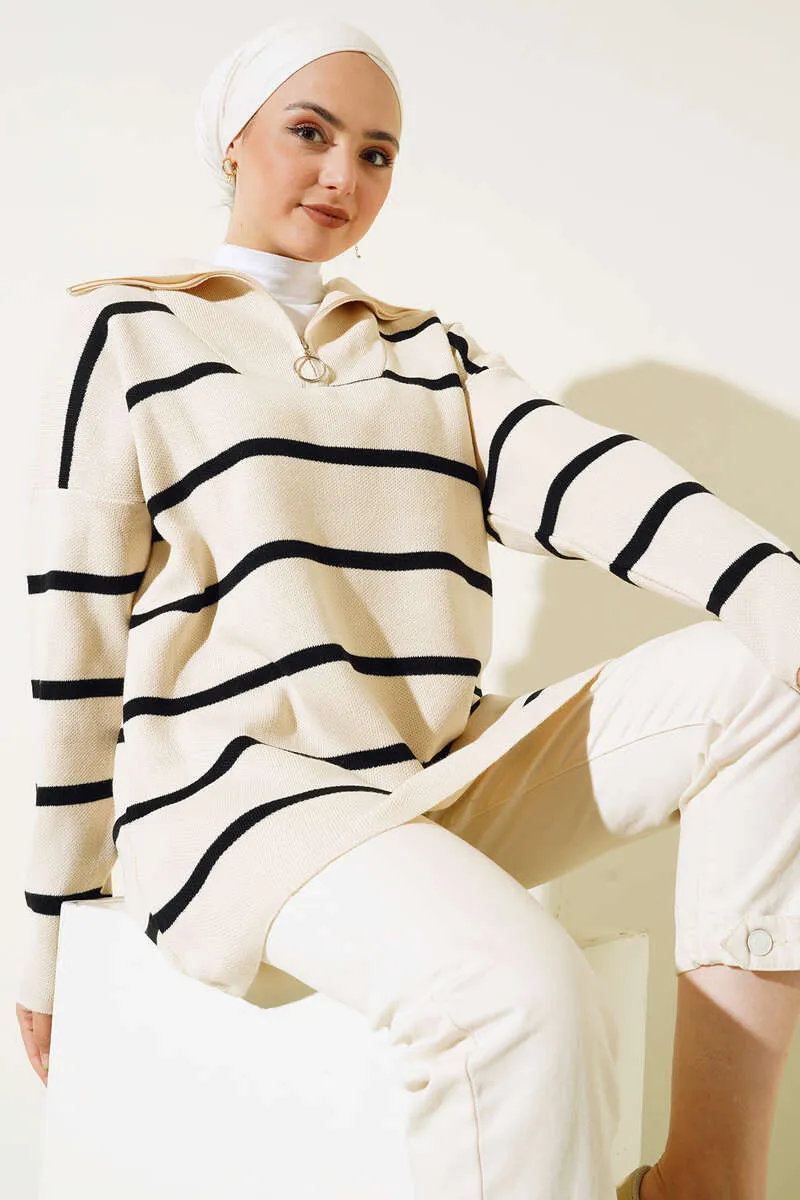 BNG Women Striped Tunic with Collar Zipper Ecru - Clermont