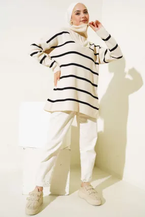 BNG Women Striped Tunic with Collar Zipper Ecru - Clermont