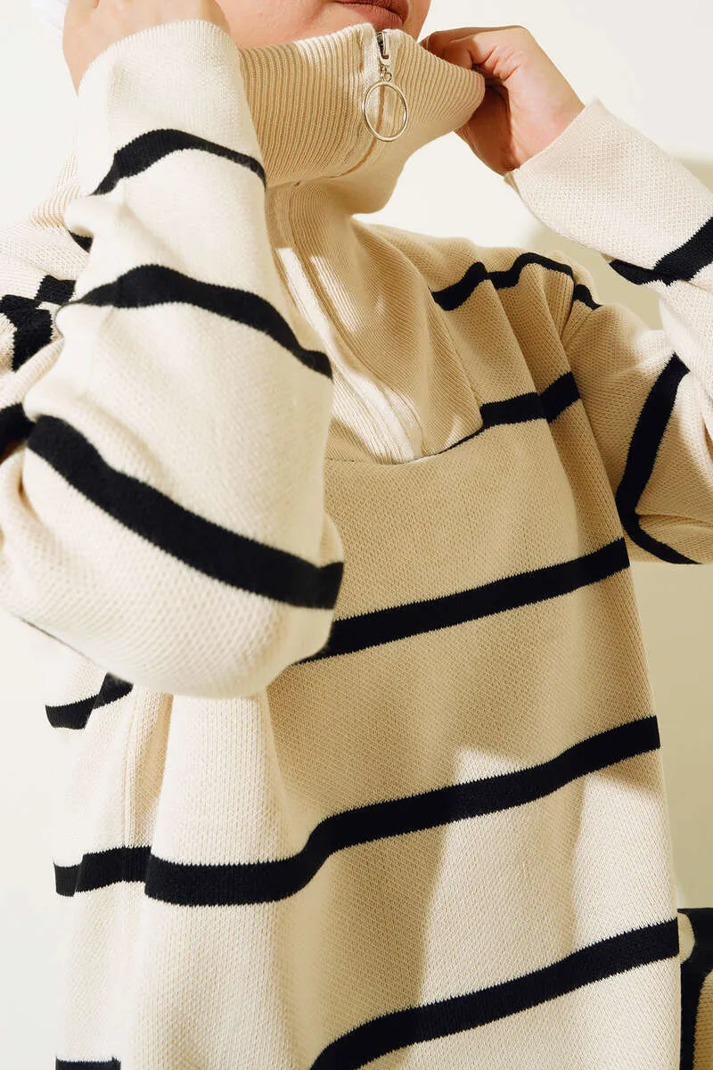 BNG Women Striped Tunic with Collar Zipper Ecru - Clermont