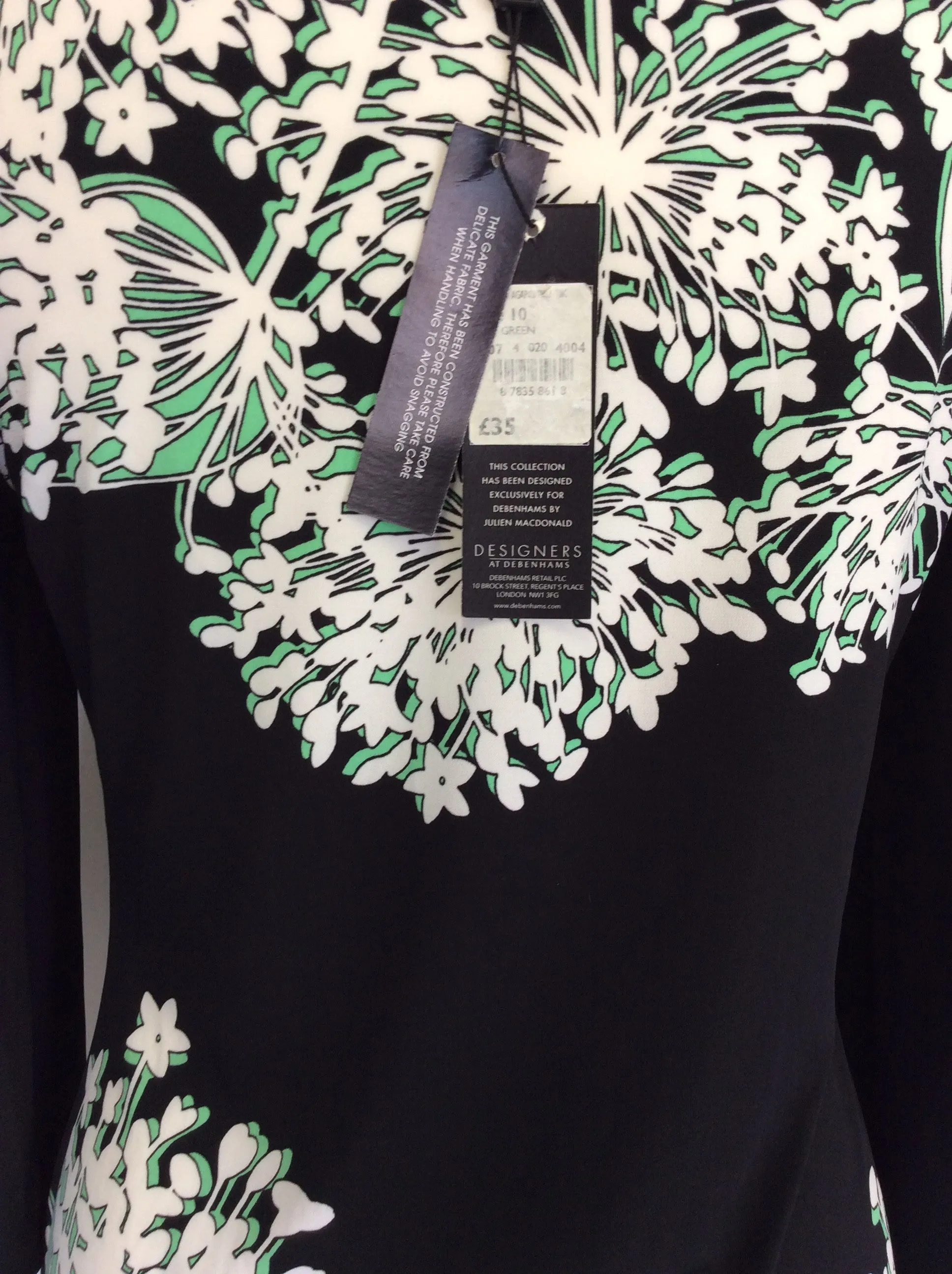 BRAND NEW JULIEN MACDONALD BLACK,GREEN & WHITE PRINT TUNIC TOP SIZE 10