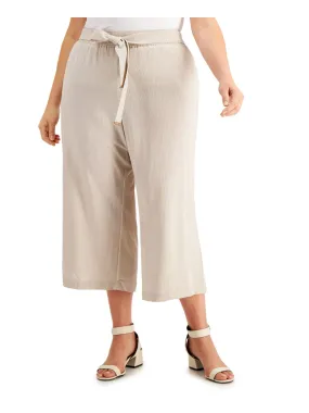CALVIN KLEIN Womens Beige Pocketed Gathered Wide Pants Pinstripe Cropped Pants