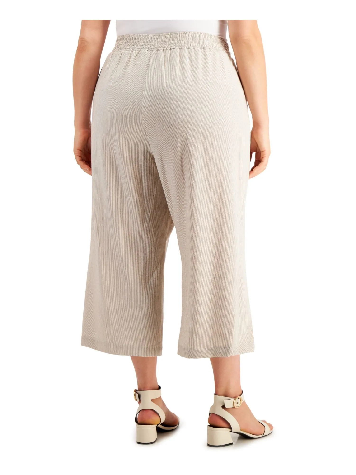 CALVIN KLEIN Womens Beige Pocketed Gathered Wide Pants Pinstripe Cropped Pants