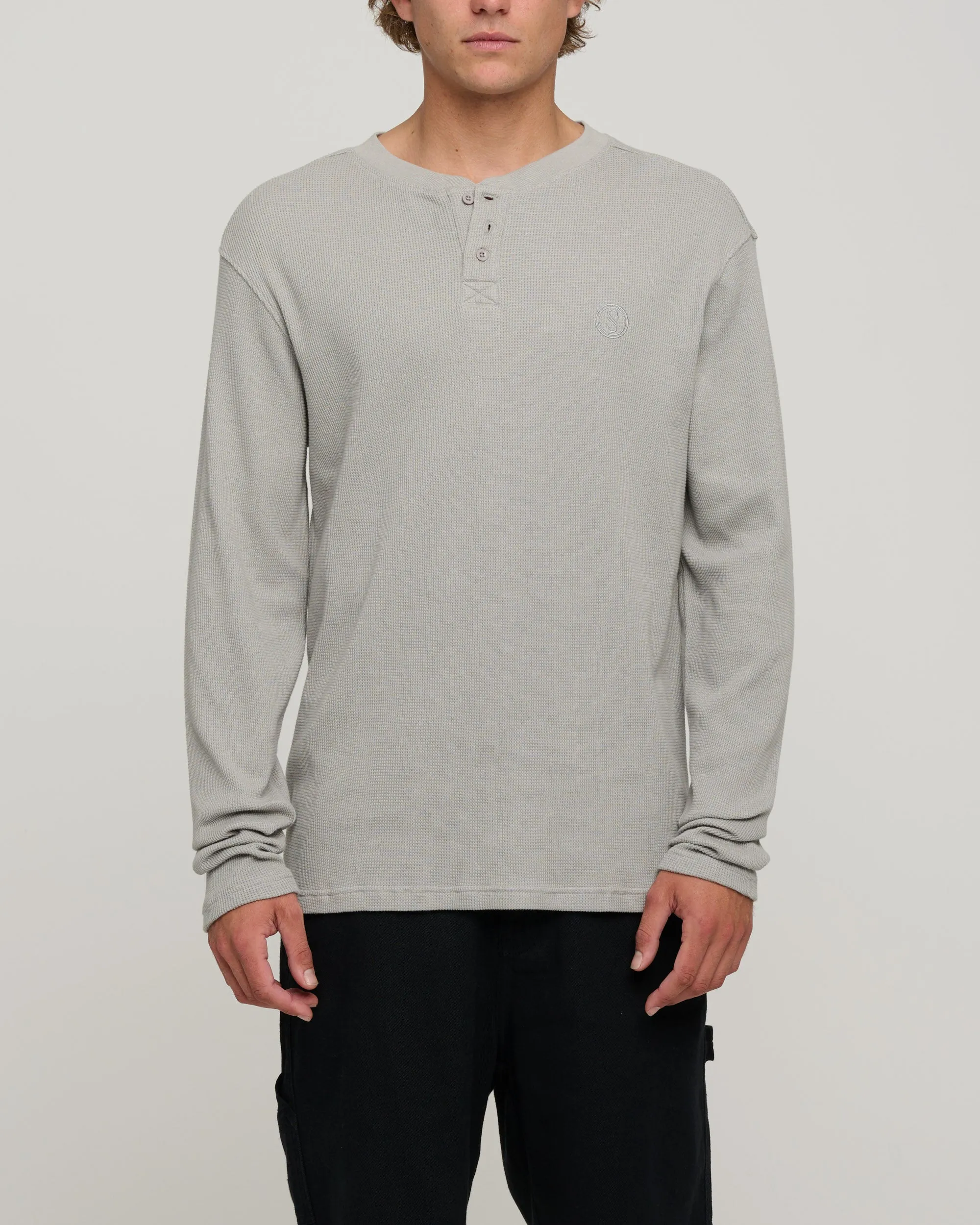 Cast Off Waffle LS Henley - Stone Grey