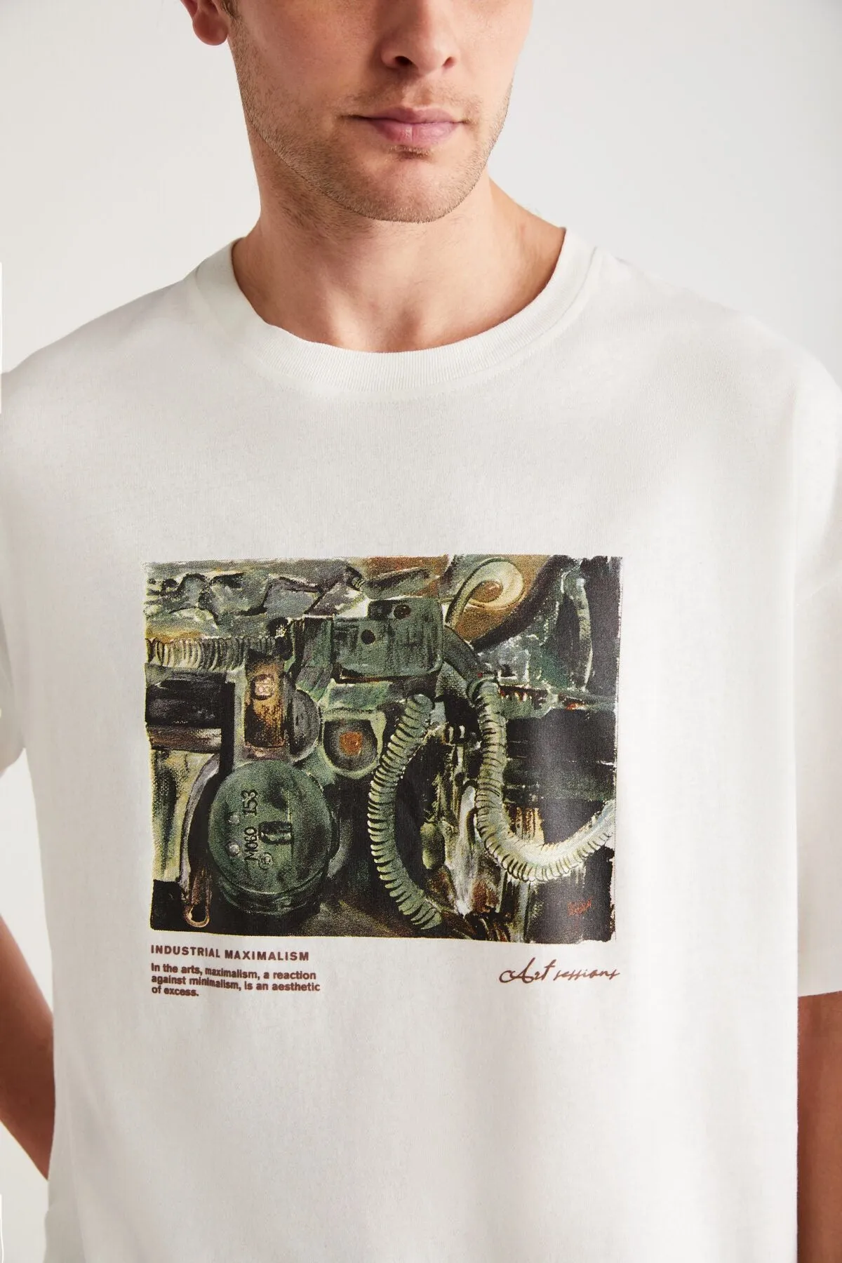 Castıel Men's 100 %Organic Cotton Relaxed Fit Casual Cut Printing Detailed Bicycle Collar White T-shirt
