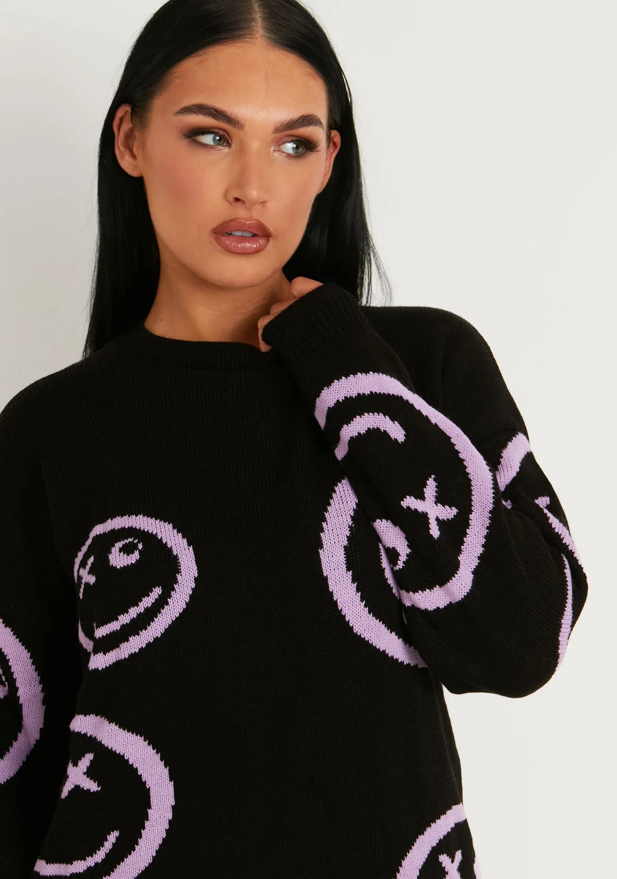 Cleo Black And Lilac Oversized Smiley Face Knitted Jumper
